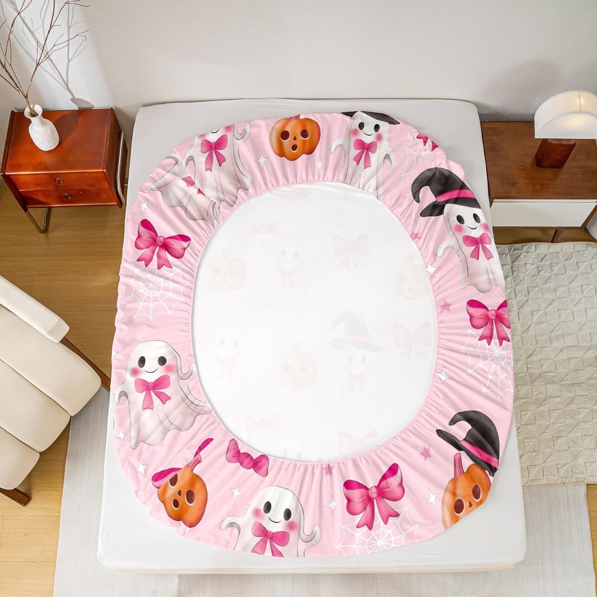 Cartoon Ghost Fitted Sheet Cute Pink Bow Decor Full Size Bed Sheets - Goth Pumpkin Lantern Witch Hat Cobwebs Halloween Spider Web Bedding Set