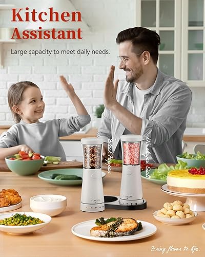 Miniatura 35 de Juego de molinillo eléctrico de sal y pimienta con base de almacenamiento, juego de molinillo de sal y pimienta recargable de acero inoxidable