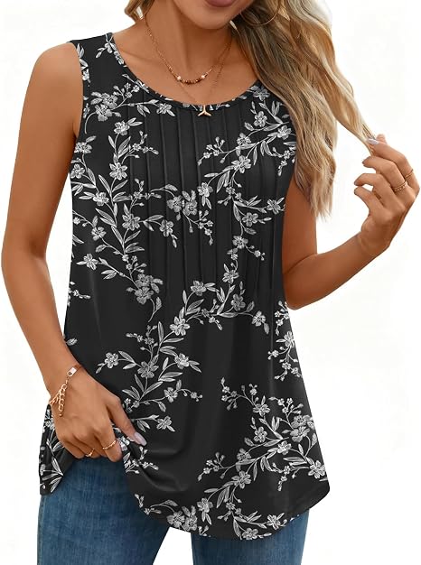 Womens Tank Tops Summer Sleeveless Tunic Top Loose Fit Flowy Pleated Shirt