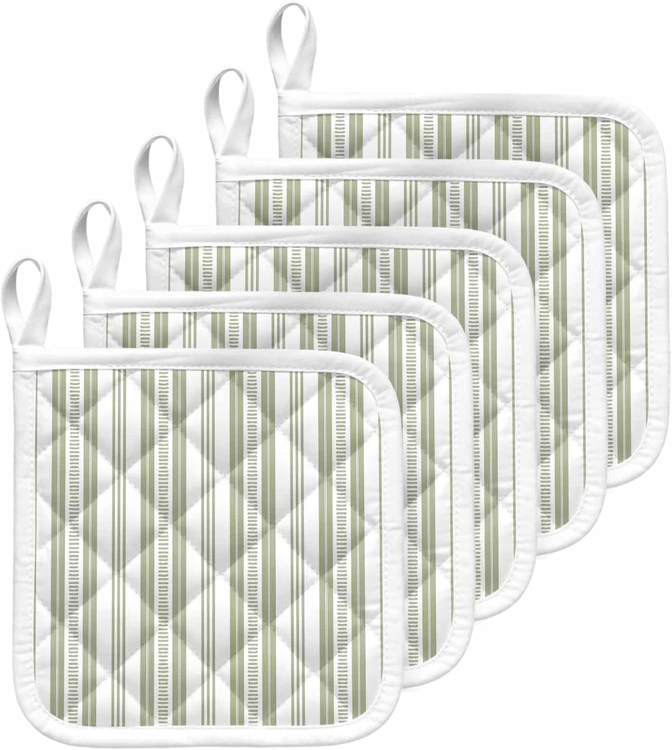 Sage Green Striped Pot Holders for Kitchen Heat Insulation, Farmhouse Stripes Modern Geometric Potholders Hot Pads with Hanging Loop, Washable Oven Mitts Pot Holder Trivet for Cooking Baking 5 Pack