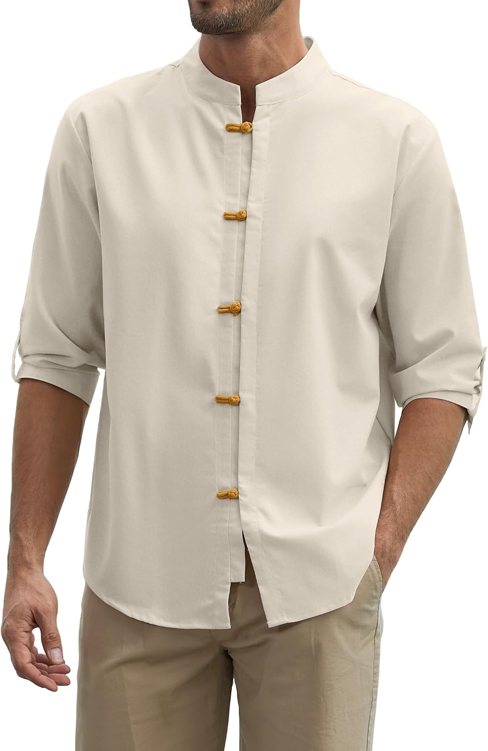 Zaitun Mens Cotton Linen Shirts Casual Buttons Down Roll-Up Sleeve Shirt Summer Chinese Style T-Shirts