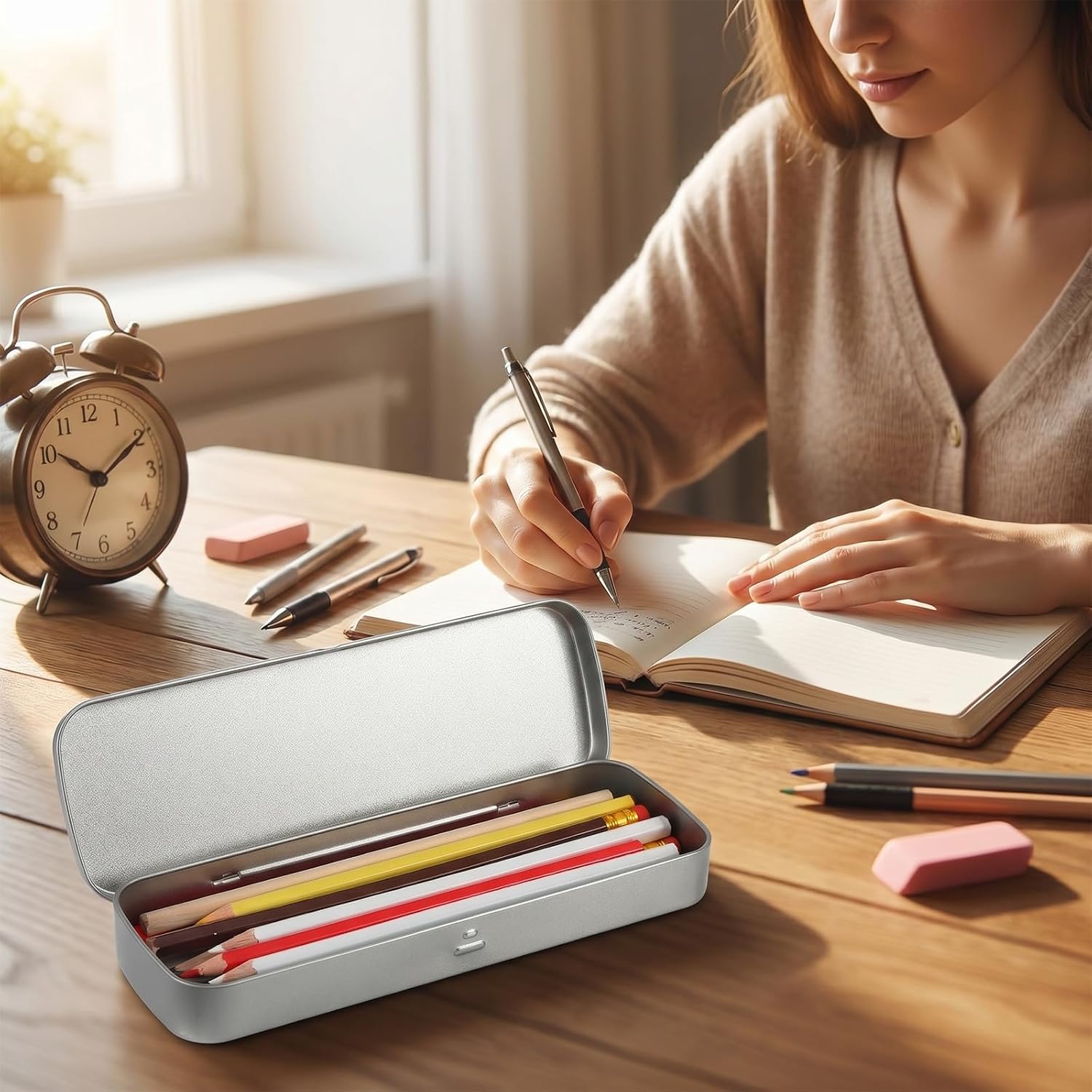 18 Pcs Metal Pencil Case Tin Box, Hinged Stainless Steel Storage Container for Brushes, Crayons, Pens, Silver Rectangular Organizer, 8.07 x 2.56 x 0.91 Inches