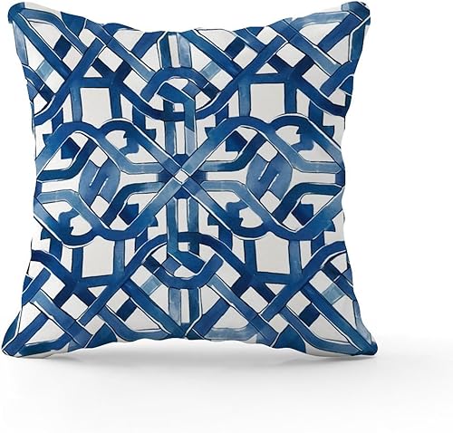 Miniatura 2 de Funda de cojín geométrica de enrejado de laberinto azul y blanco, funda de cojín decorativa de celosía Ming Trail, funda de almohada abstracta de