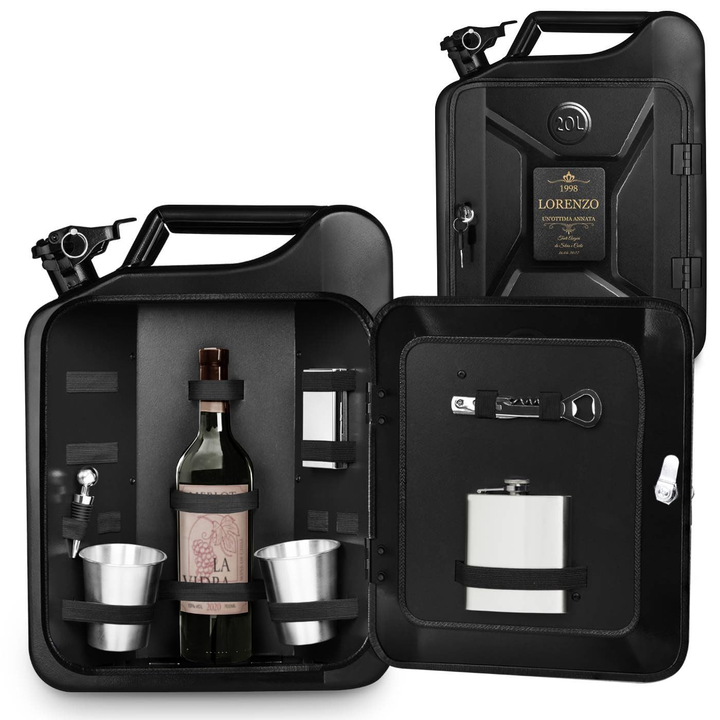Maverton Tanica Mini Bar Nero 20L - Regalo Uomo Compleanno Personalizzato - Targhetta con Dedica Incisa - Mobile Bar con Accessori Regali Uomo - Dimensioni 36cmx47cmx18cm