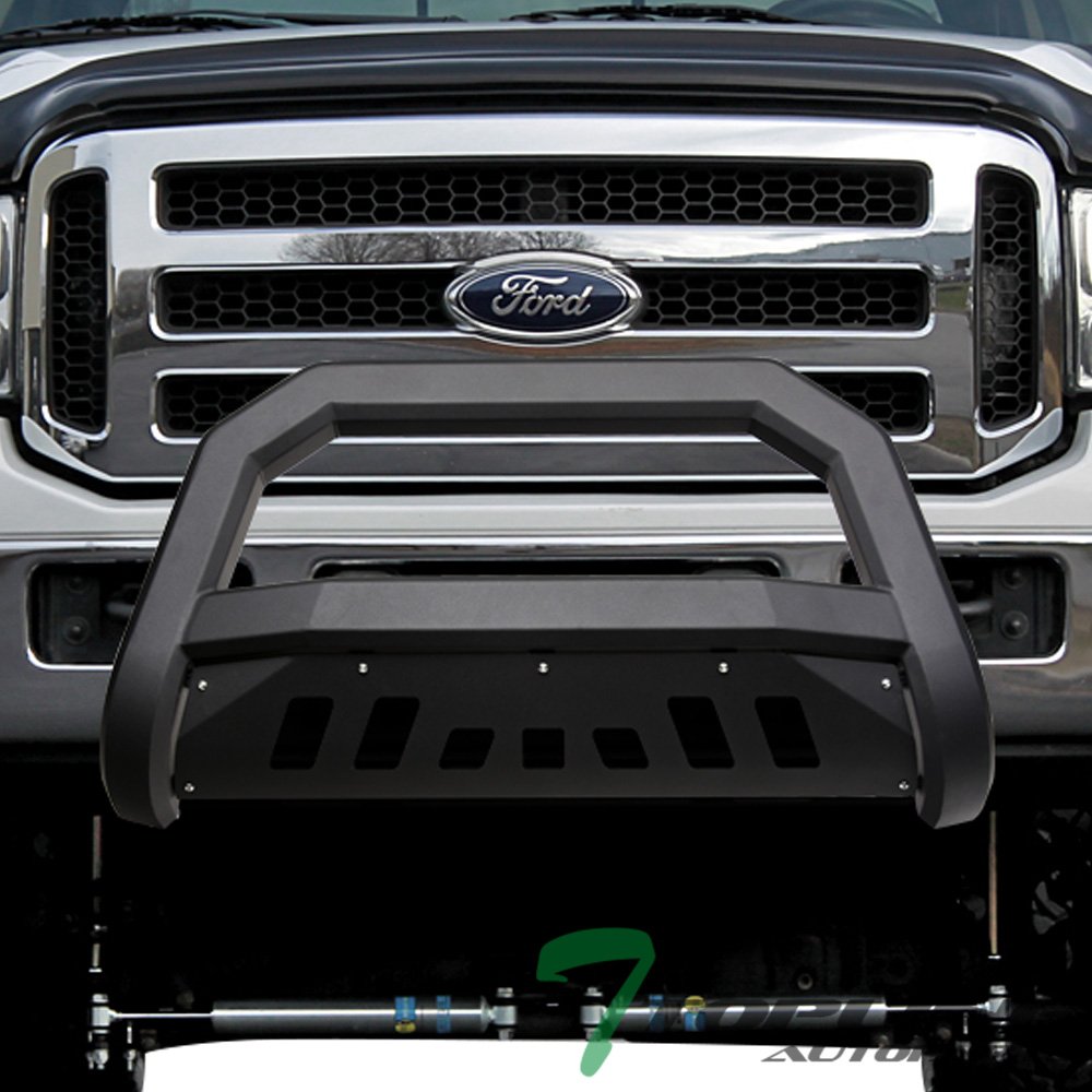 Matte Black AVT Style Bull Bar Brush Push Front Bumper Grill Grille Guard With Skid Plate Compatible With 05-07 Ford F250 F350 F450 F550 Superduty / 2005 Ford Excursion
