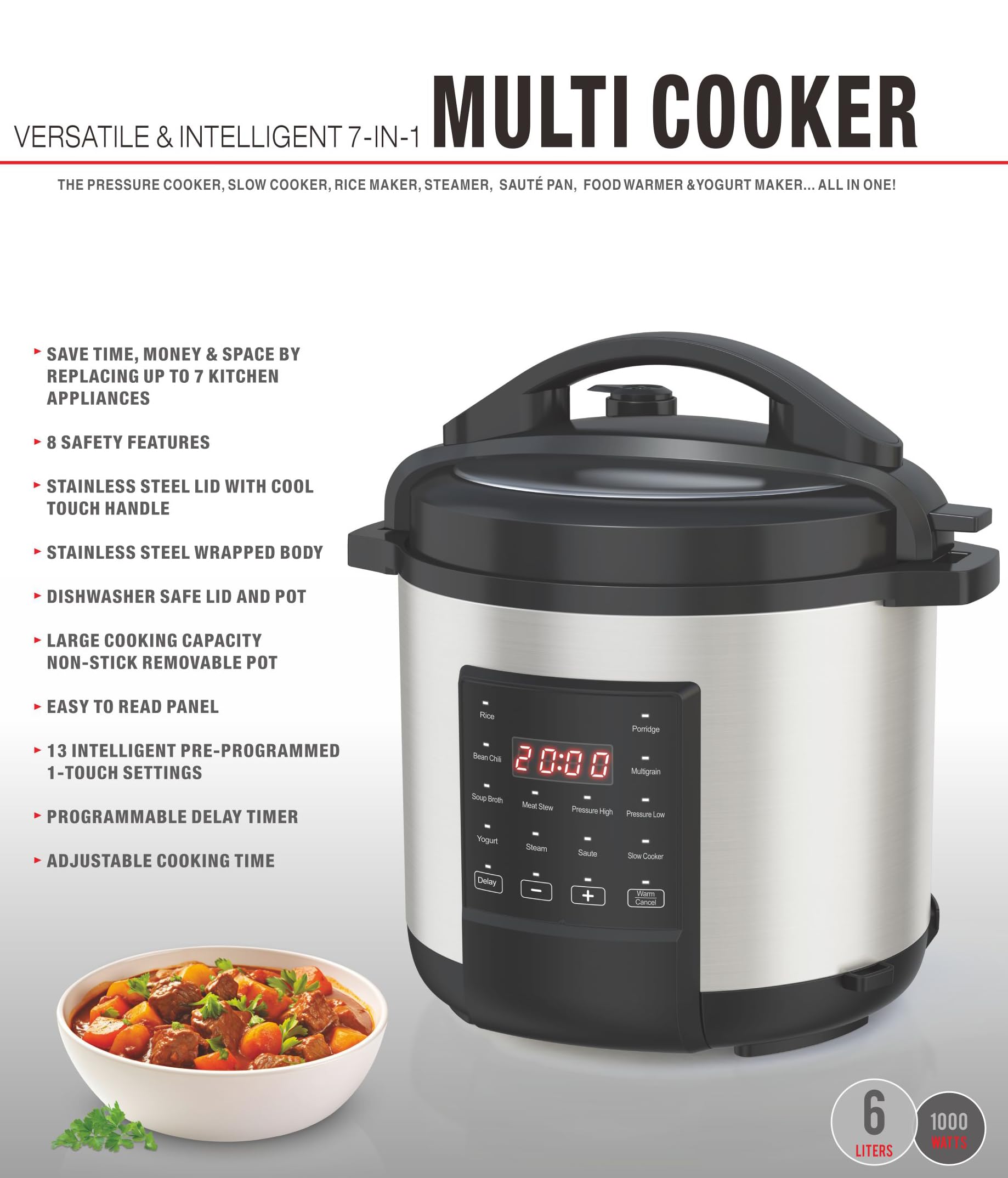 EMB Ironblade 7-in-1 Multi Cooker, 6-Liter, 1000W Stainless Steel Programmable Pressure Cooker, Slow Cooker, Rice Maker, Steamer, Sauté Pan, Food Warmer, Yogurt Maker