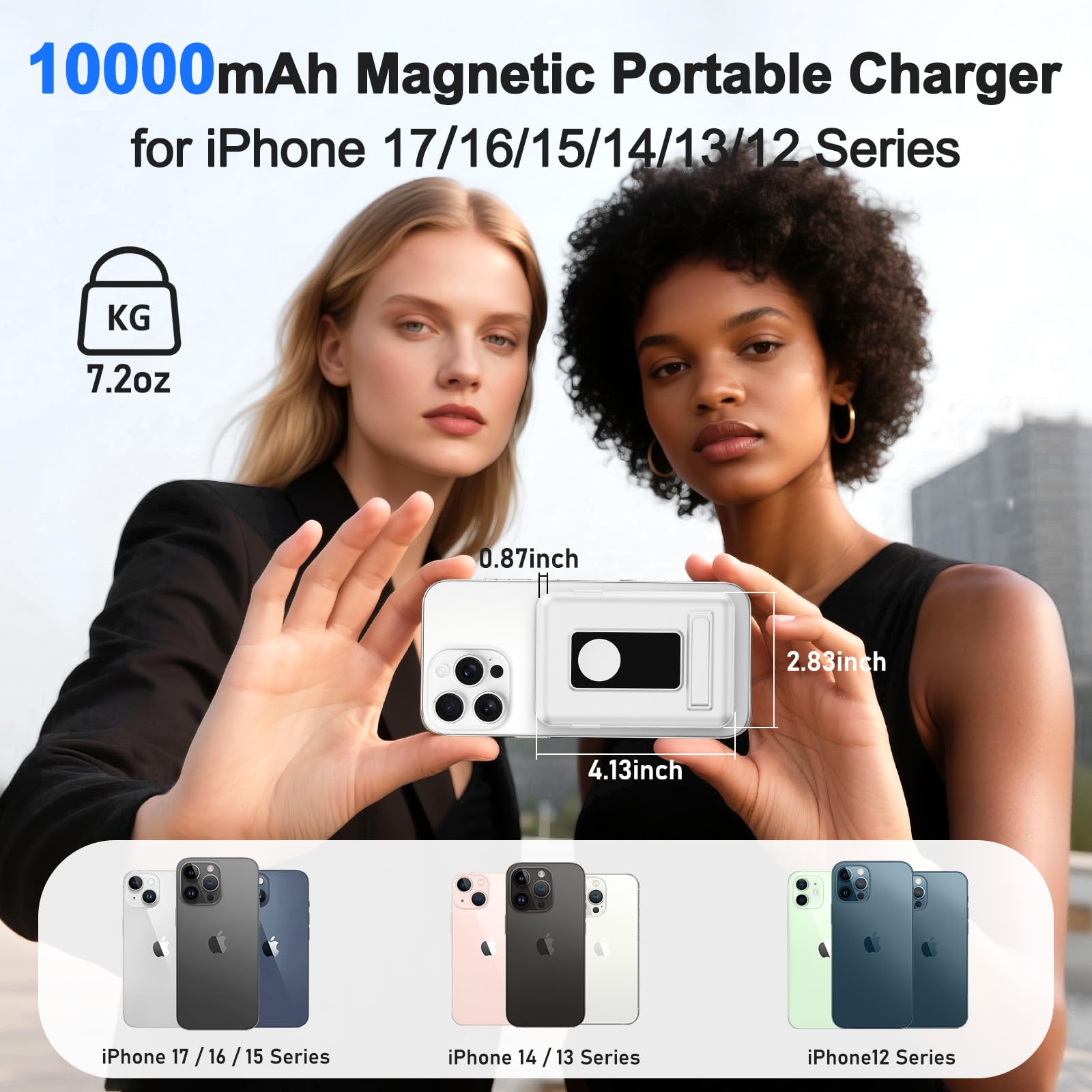 for Batterie Externe Iphone, 10000mAh Power Bank Magnétique Compatible avec MagSafe, Charge Rapide PD 20W avec 2 Câble et Support et Affichage LED, for iPhone 17-12 et Apple Watch Series(Blanc
