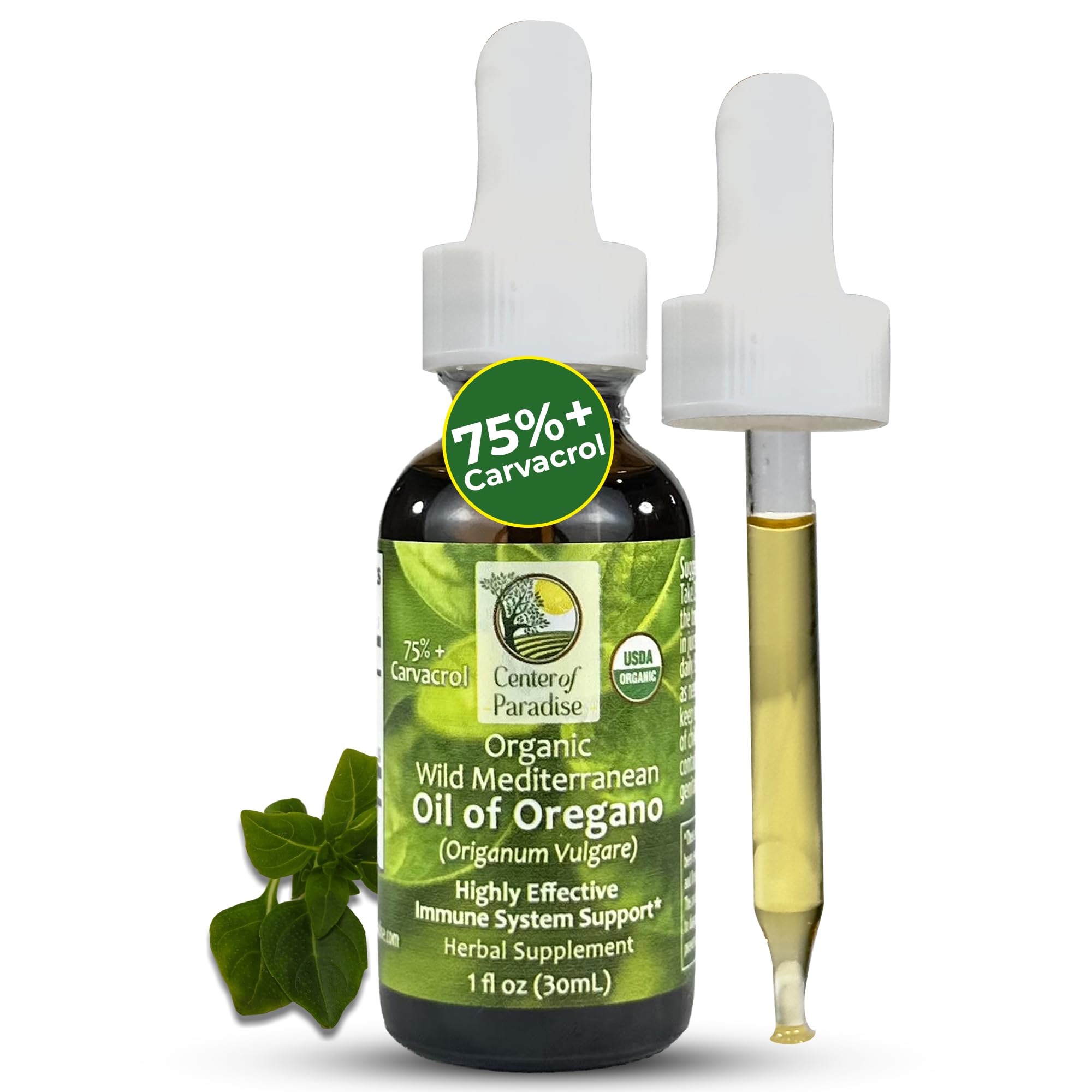 Center of Paradise Wild Mediterranean Oil of Oregano with 75%+ Carvacrol (1 fl oz) Certified Oregano Oil Organic Drops in Extra Virgin Olive Oil for Immune* & Respiratory* Support, Approx 450 Servings