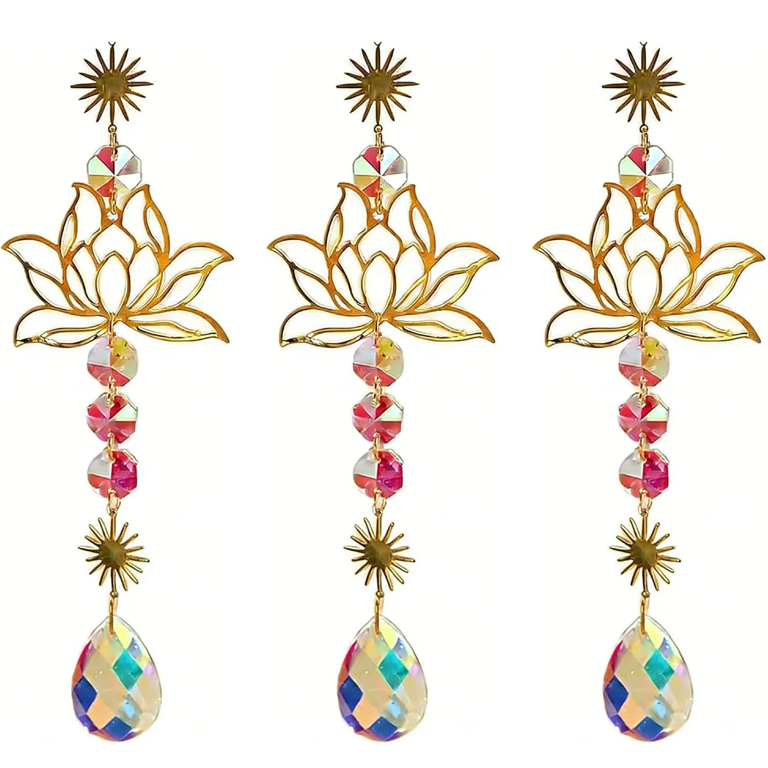 Srvauyea 3 Lotus Flower Crystal Suncatchers,Lotus Prism Suncatcher Window Garden,Metal Lotus and Artificial Crystal Suncatcher Charms,Handmade Wind Chime Pendants,for Home Decor.
