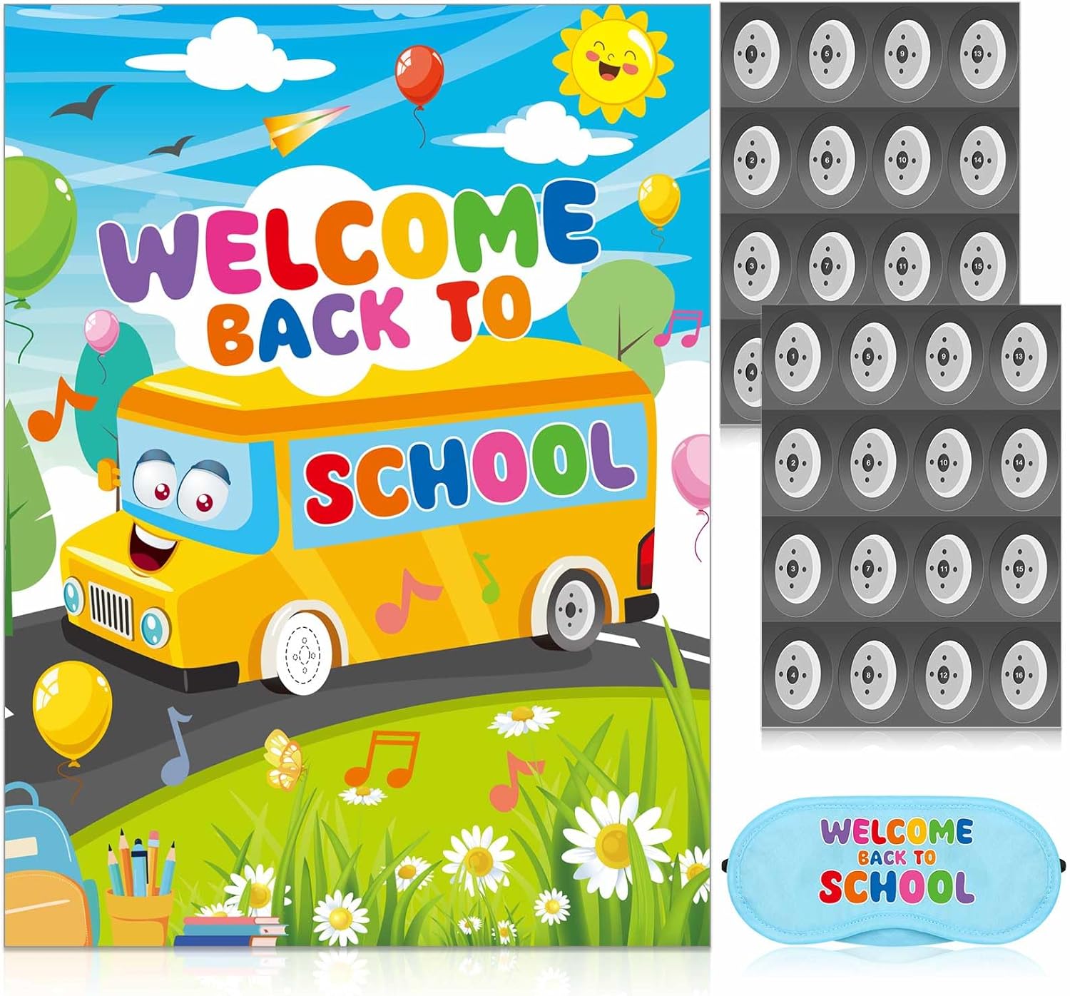 Welcome Back to School Game Pin The Wheel on The School Bus First Day of School Party Game Poster with 32 Stickers Blindfold Classroom Pin Game Activity Decorations for Teenagers Adults