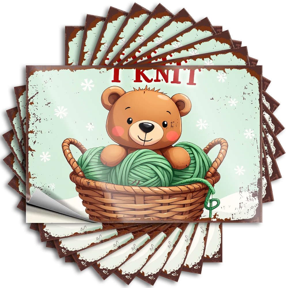 Home Bar Accessories Tattoo Durable Wall | A Teddy Bear Sitting in A Basket of Green Yarn. Sweet Self Adhesive Sticker for Billiard DIY(12X18CM)