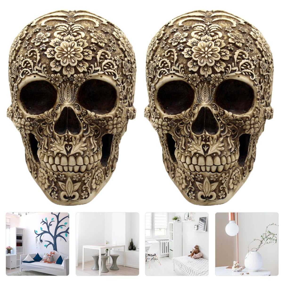 2 Piezas Adorno Forma de Calavera de Resina Café Retro