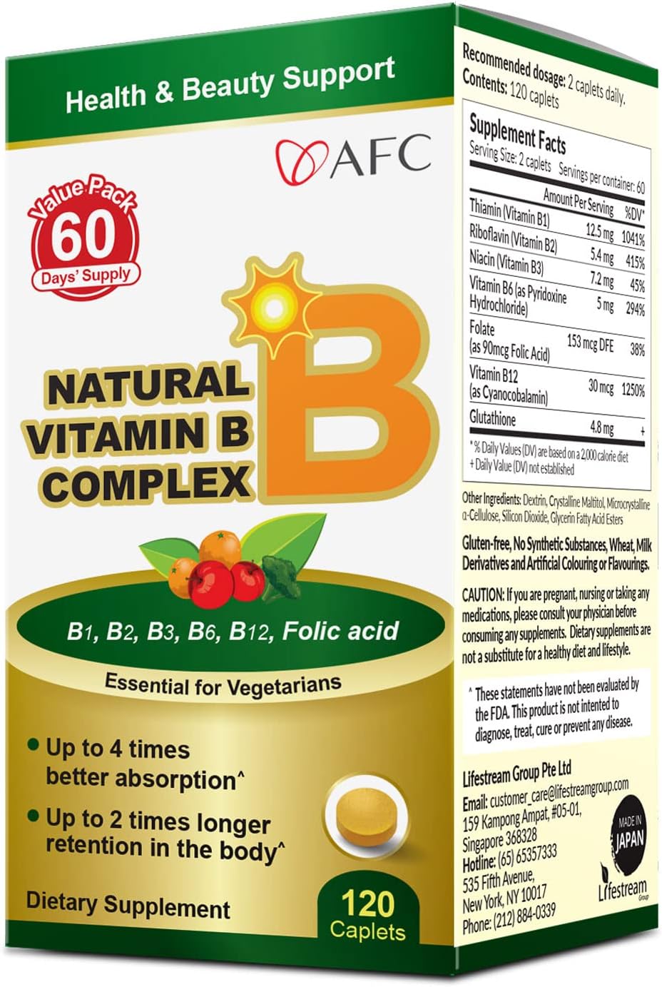 AFC Japan Natural Vitamin B Complex with B1, B2, B3, B6, B12, Folic Acid & Glutathione Yeast Extract, No Synthetics, Non-GMO, Supplement for Stress, Energy, Immune & Nervous System,120 Vegan Caplets