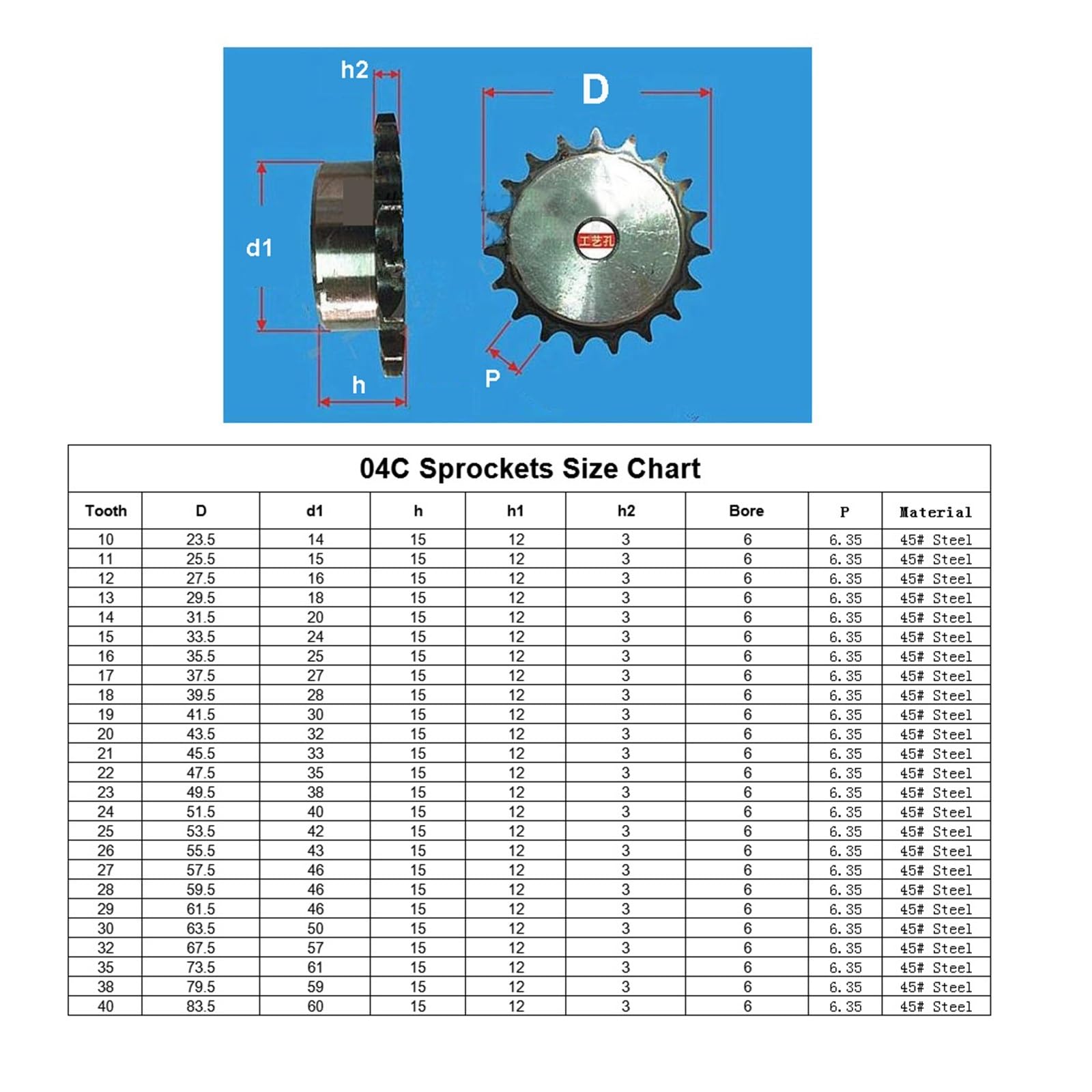 Bevel Gear Pinion Hardware Mechanical 04C 9T-24T Sprocket Wheel Industrial Chain Gear Pitch 6.35mm 45 Steel Suitable for 04C Roller Chain(04C-10 Teeth)
