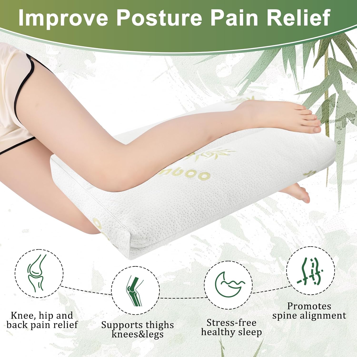 minupwell knee pillow for side sleepers - 3" height between leg & under knee pillow for back sleepers - with 850g 7d fiber for relieving leg, back, and knee pain - rayon derived from bamboo green-cooling 3 in