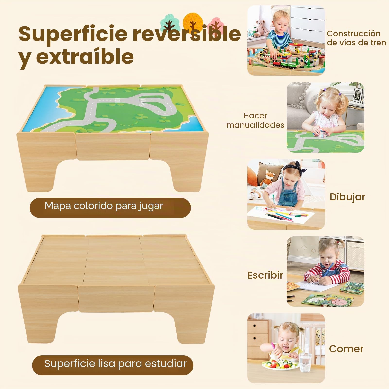 FANTASK Mesa de Juego de 84 Piezas de Madera, Juego de ferrocarril Infantil con Tablero y cajón Reversibles y extraíbles, Mesa de Actividades para Jugar, Pintar, Leer, Comer, Juguetes para niños a