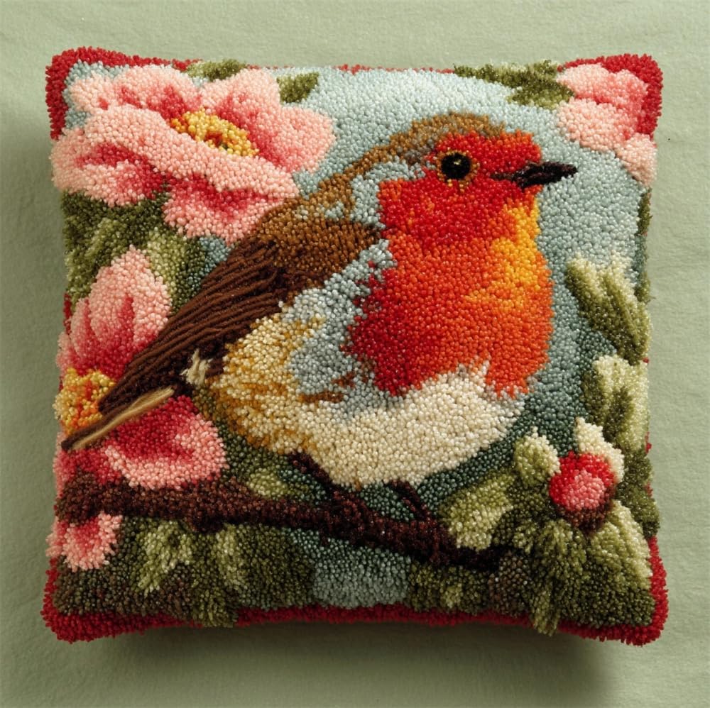 kitphoenix Latch Hook Kits DIY Throw Pillow Cover Robin and Flowers