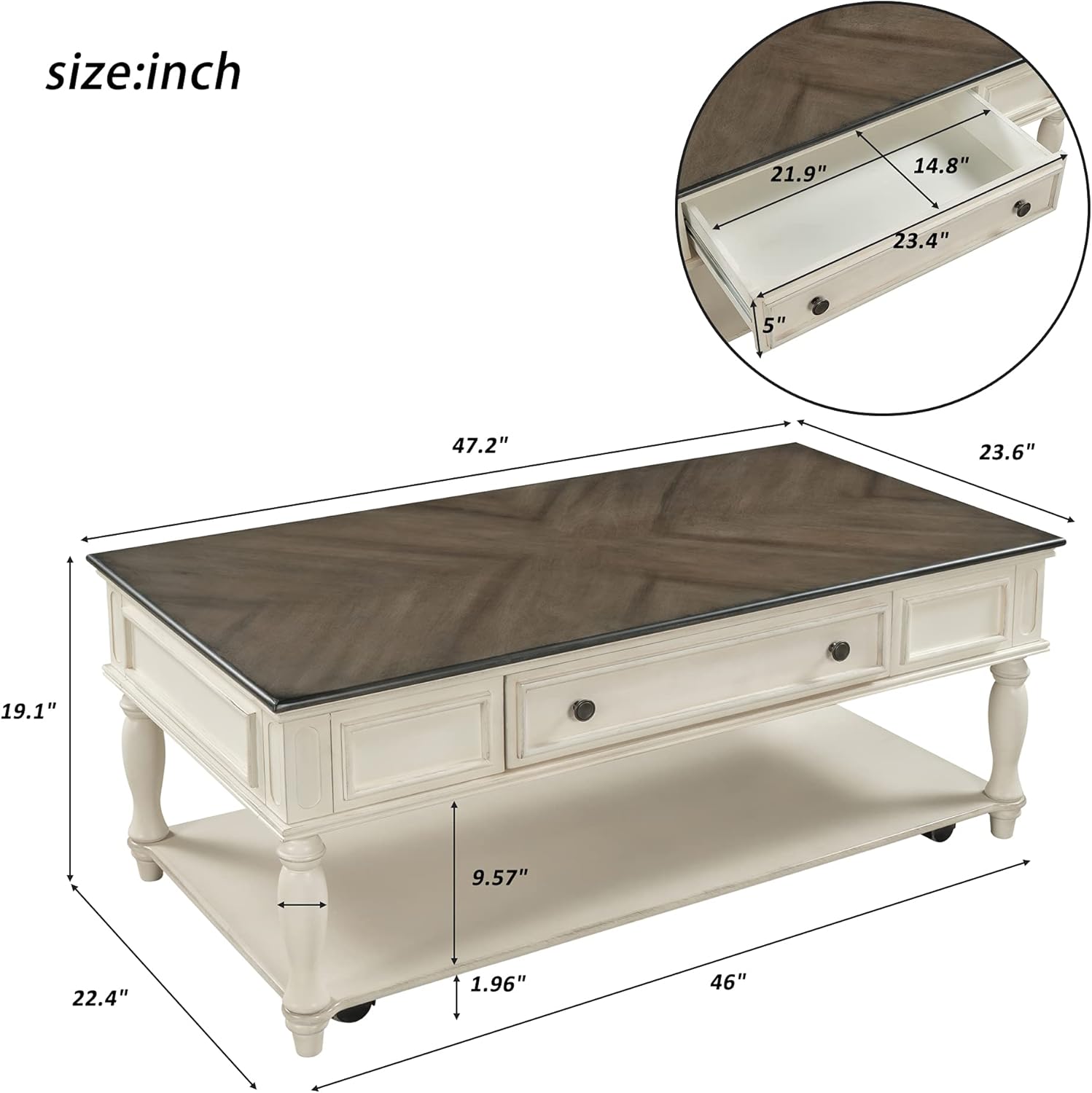 Merax Movable Coffee Table with 4 Lockable Caster Wheels for Living Room, Solid Wood Material, Retro Style, Antique Gray