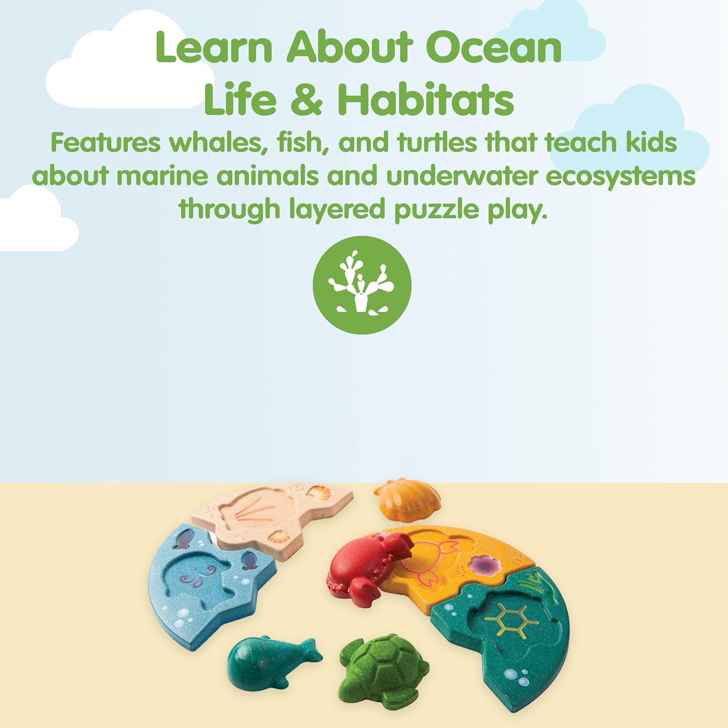 PlanToys® Marine Puzzle Wooden Montessori Ocean Animal Problem Solving Toy | Tactile, Imagination and Early Learning Activity | Eco Friendly Educational Sea Life Puzzle Set