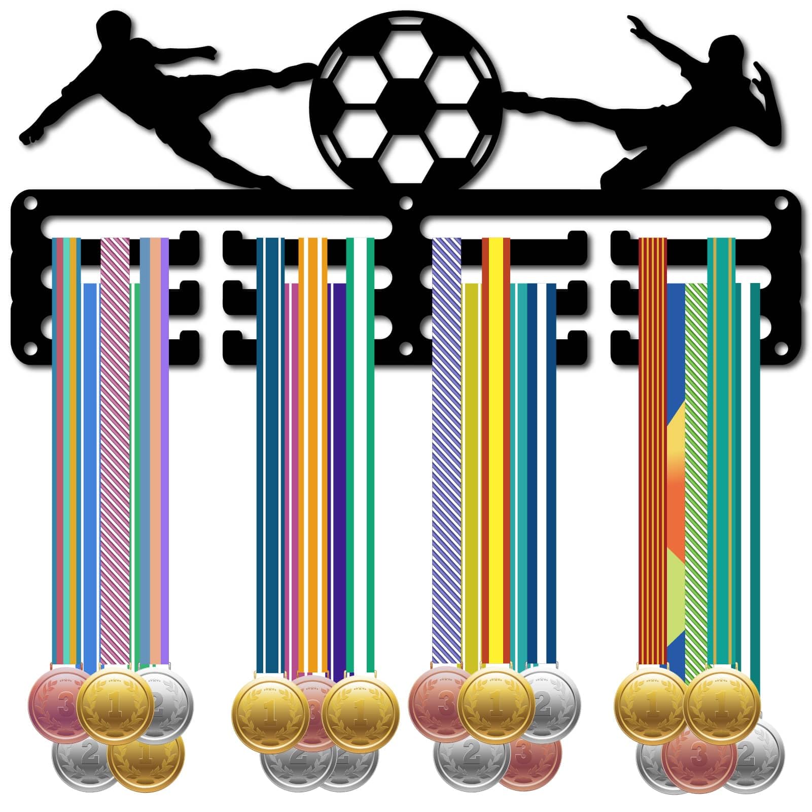 CREATCABIN Espositore per medaglie di calcio, in metallo, con 12 ganci, 3 linee, colore nero, per corridori di triathlon, 30 x 12 cm