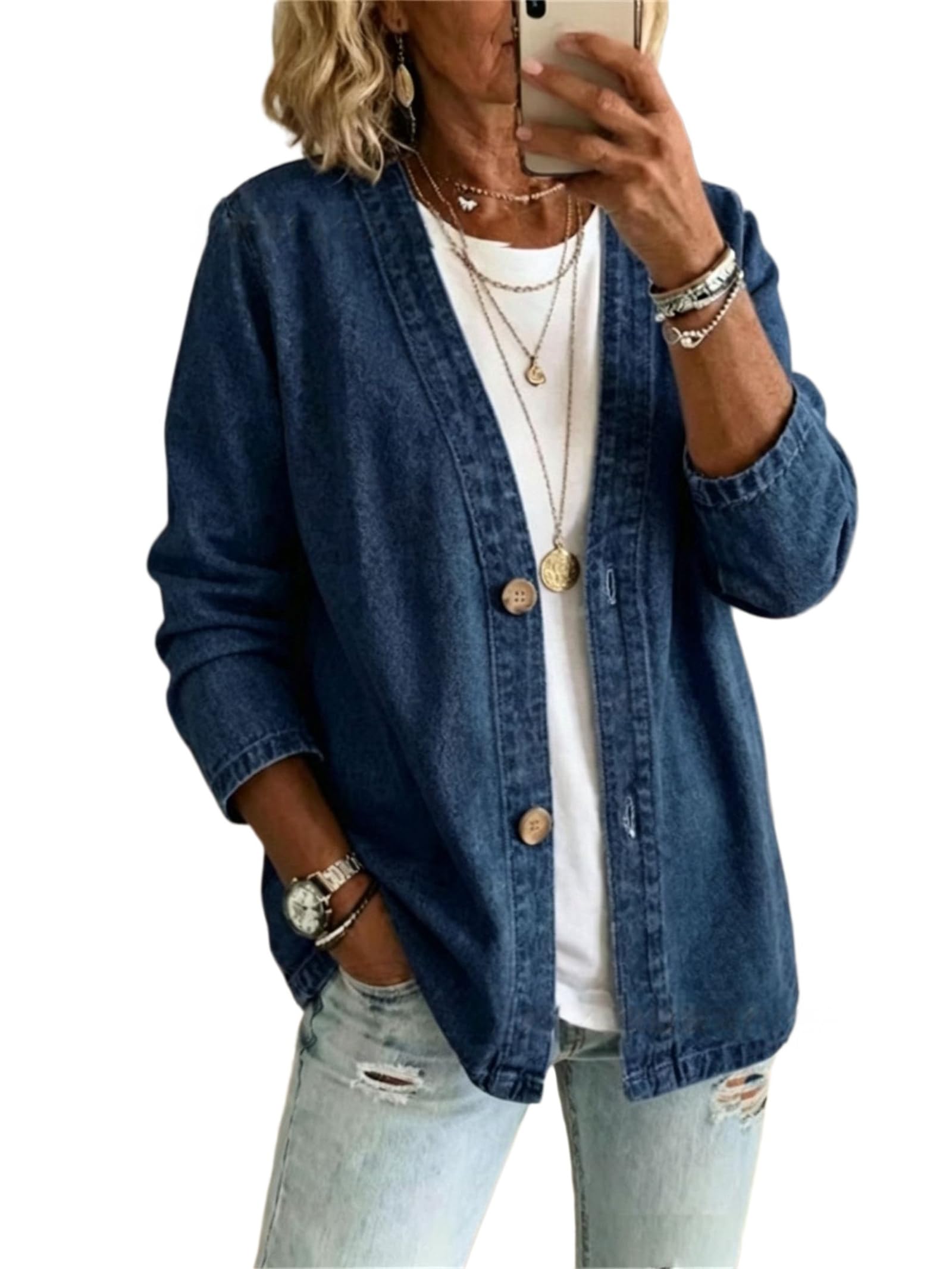 Cárdigan Vaquero clásico con Botones para Mujer | Abrigo ligero, transpirable y elástico, de corte informal y relajado, chaqueta vaquera de manga larga con cuello en V