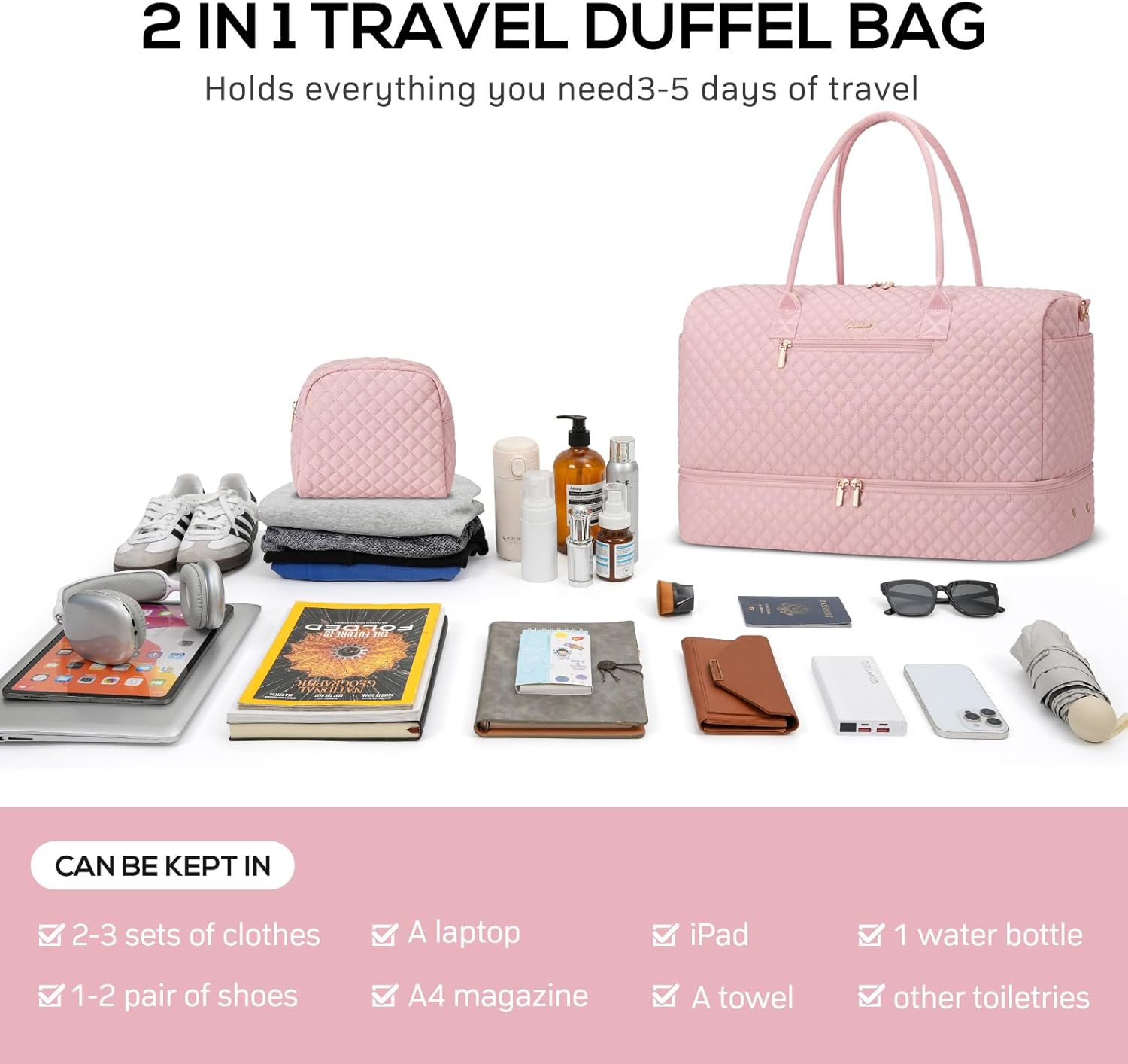 Travel Weekender Bags for Women - Large Duffle Bag with Shoe Compartment Carry On Overnight Bag with Toiletry Bag Pink Duffel Bags with Wet Pocket for Gym Hospital Bags for Labor and Delivery - Image 4