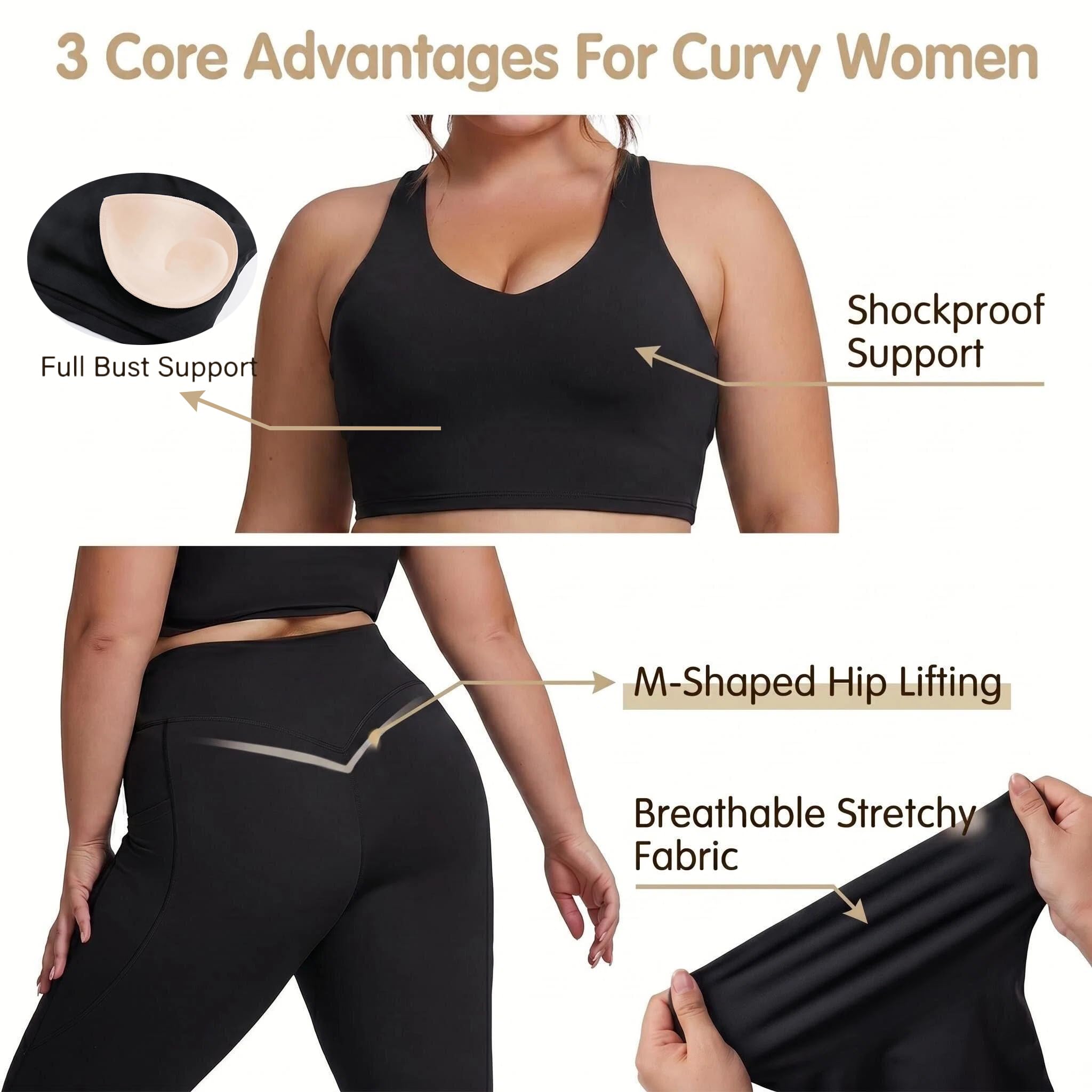 Generisch Plus-Size Damen Workout-Set, Sport-BH mit Shockproof-Support und Leggings mit M-förmigem Hüftlifting, Seitentaschen