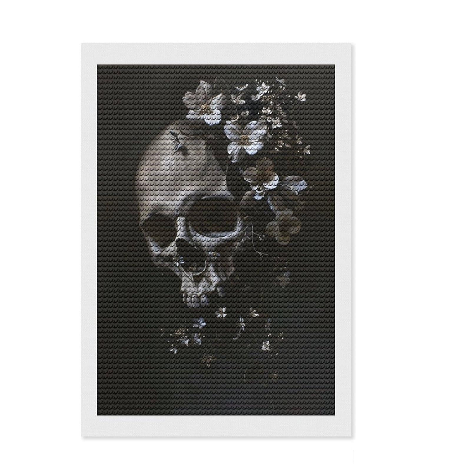 Junmoney Skull White Flowers Round Drill Diamond Painting 8"x12", for Teens, Farmhouse Decor, Pleasing Wall Art Project, Festive Craft Gift