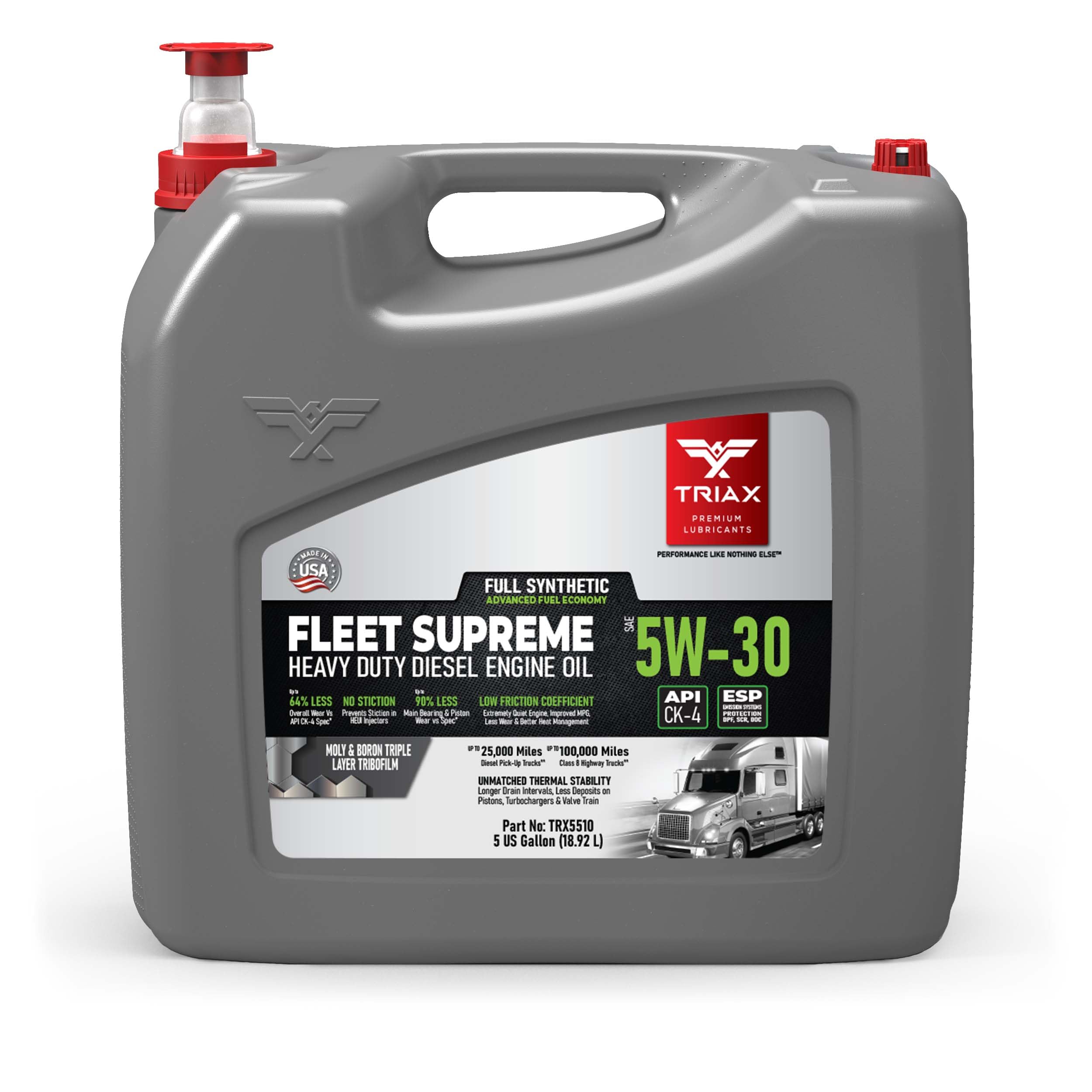TRIAX Fleet Supreme 5W-30 - Full Synthetic, Heavy Duty, Diesel Engine Oil - Nano Boron and Moly Friction Modified - API CK-4 Compliant - Extended Drain (5 Gallon)