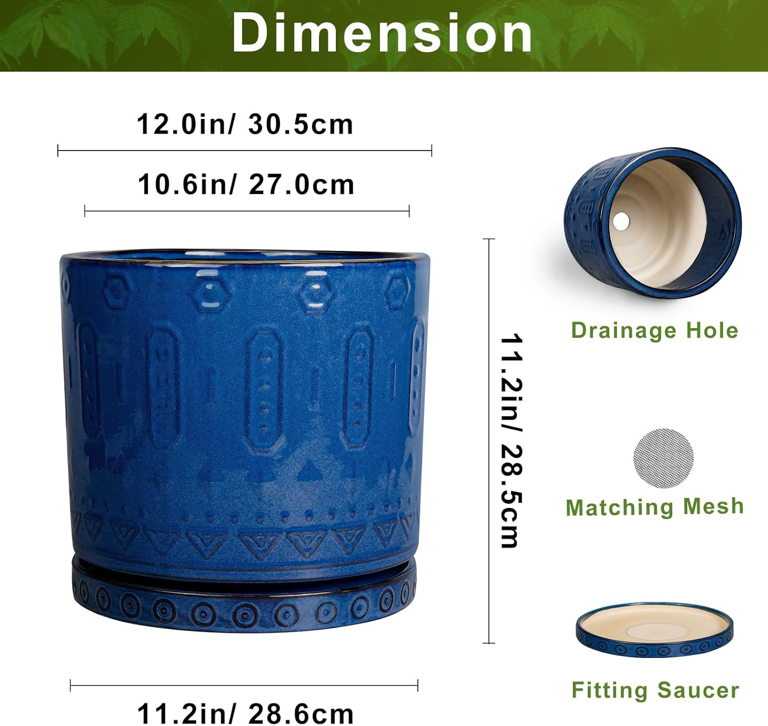 12 Inch Pot for Plants - Ceramic Planter for Indoor Plants Large Plant Pot with Drainage Holes and Saucer Outdoor Flower Pot Decorative Round Planter for Porch Office Decor Blue