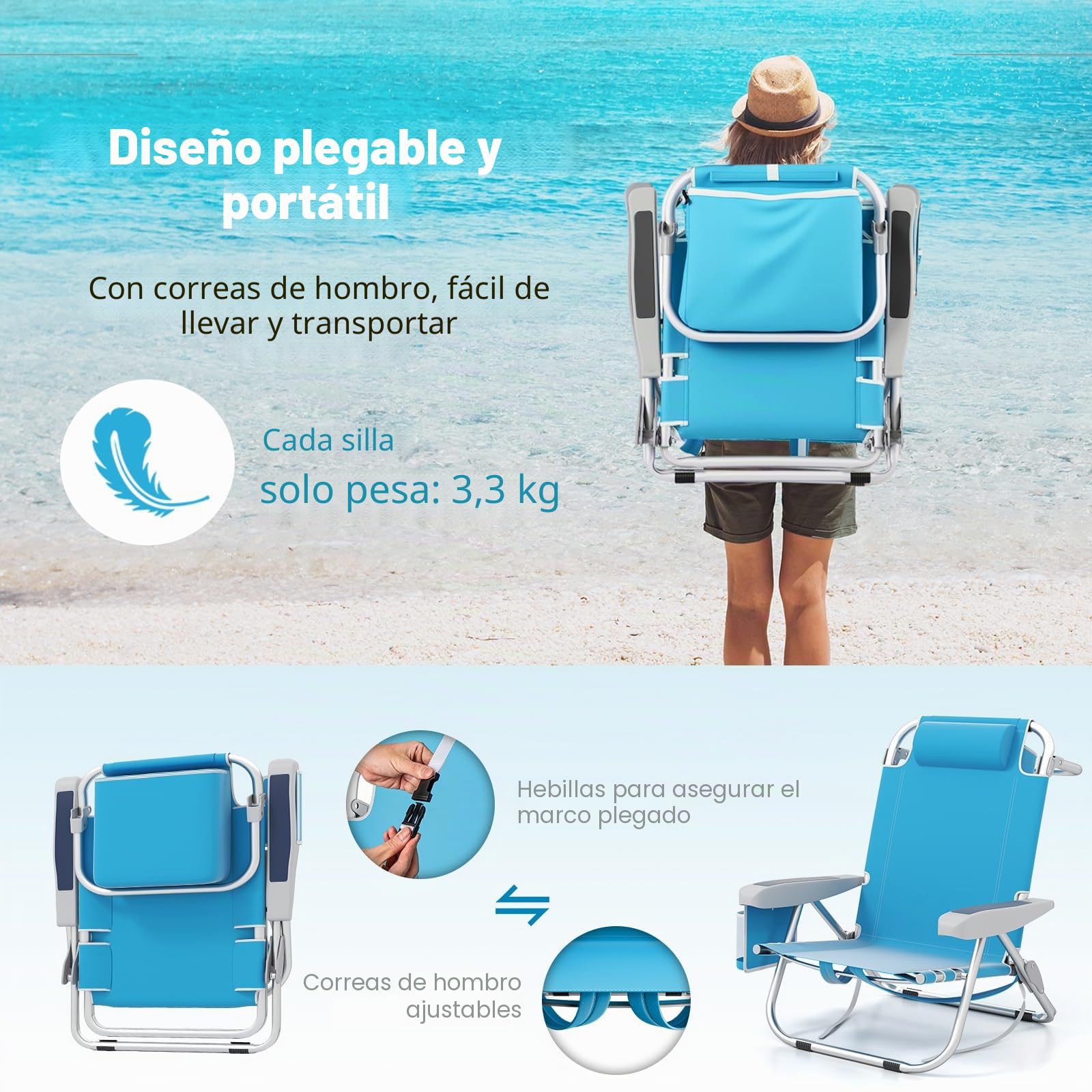 KOMFOTTEU Silla de Playa Plegable, Silla de Camping con Respaldo Ajustable en 5 Posiciones, Silla Portátil con Reposacabezas, Tumbona con Bolsillo Lateral, Carga de 150 kg (Azul x 1)