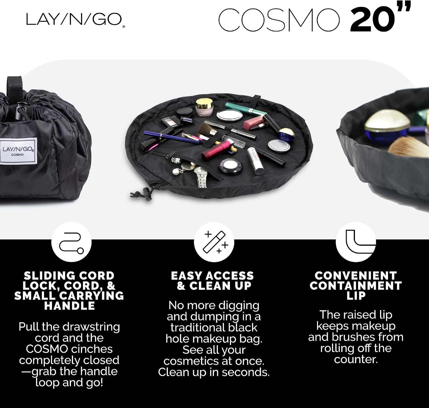 Lay-n-Go Cosmo Drawstring Cosmetic & Makeup Bag Organizer - Portable Drawstring Makeup Bag w/Zipper Pocket, Makeup Loops & More - Durable, Machine Washable Toiletry Bag (20", Blue Snakeskin)