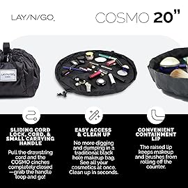 Lay-n-Go Cosmo Drawstring Cosmetic & Makeup Bag Organizer - Portable Drawstring Makeup Bag w/Zipper Pocket, Makeup Loops & More - Durable, Machine Washable Toiletry Bag (20, Blue Snakeskin)