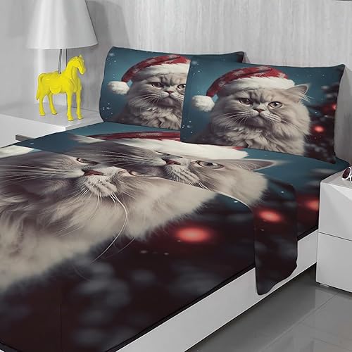 Miniatura 2 de Sábanas de gato tamaño King  Sábanas y fundas de almohada de Navidad  100% microfibra, estampado de alta cantidad de hilos, sábana encimera, sábana