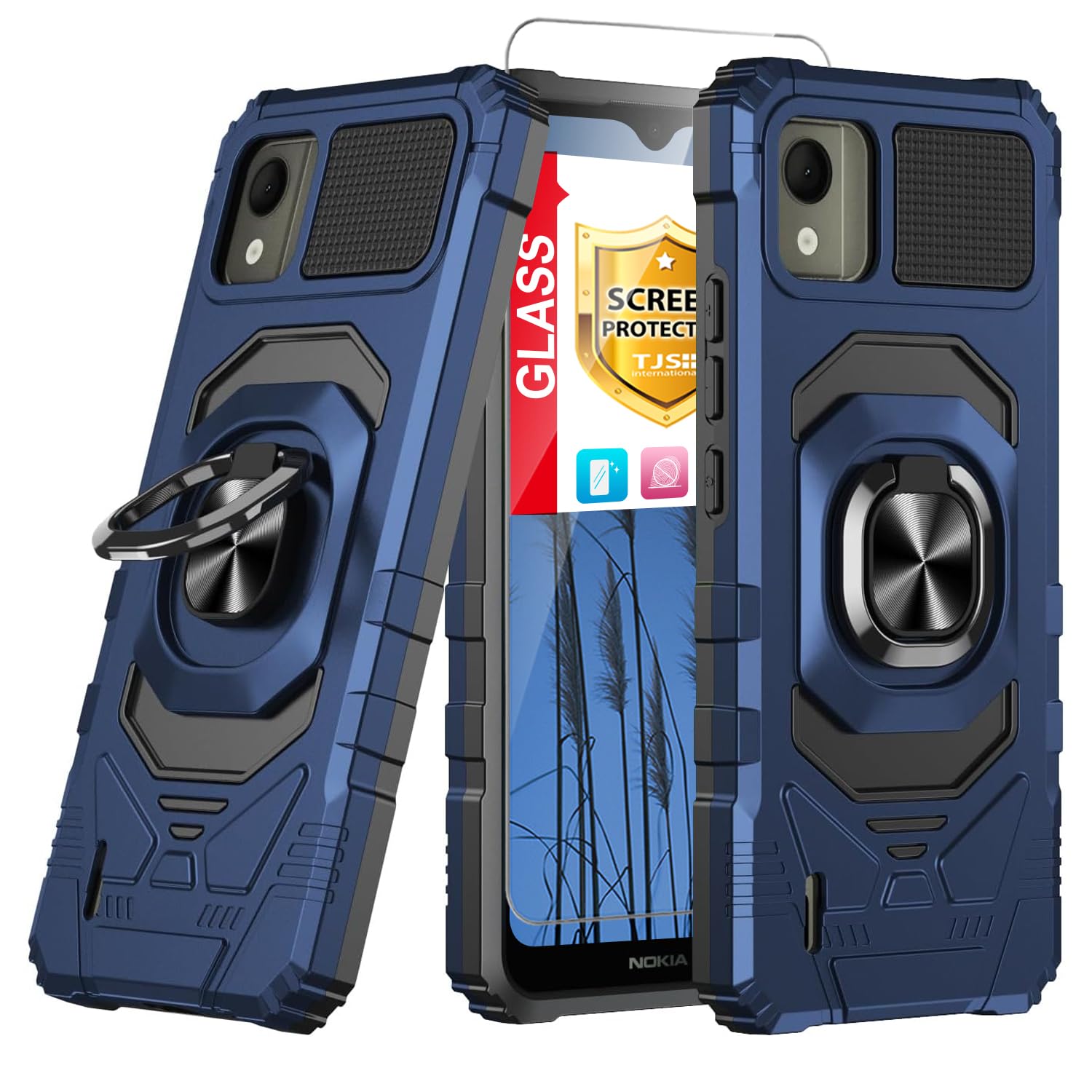 TJS Compatible for Nokia C110 N156DL Case, with Tempered Glass Screen Protector, Metal Ring Magnetic Support Kickstand Heavy Duty Drop Protection