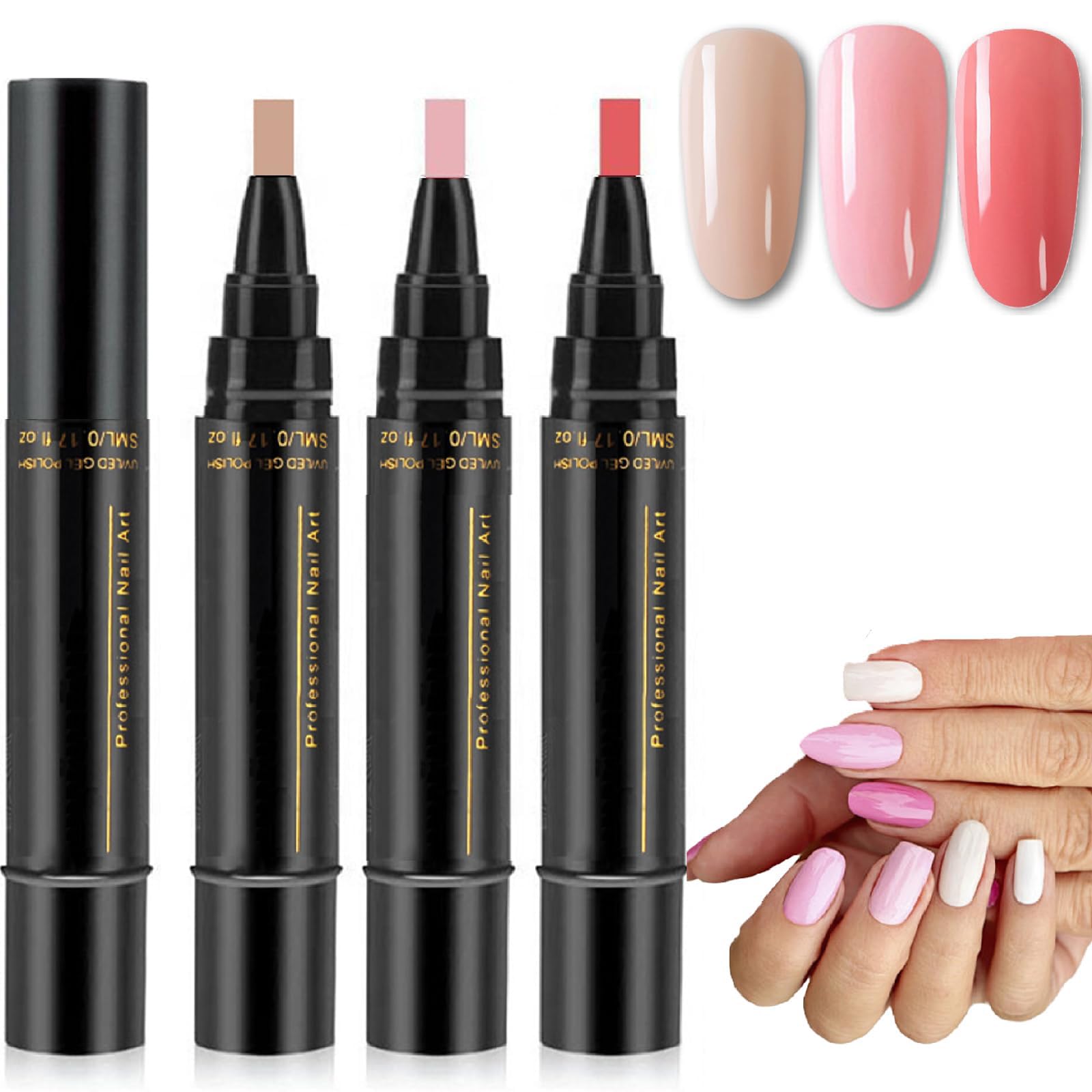 One Step 3-in-1 UV Gel Nail Polish Pen Set, Quick-Dry Nail Art Pens, No Base Coat Needed, UV Lamp Required