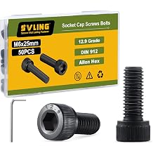 M6-1.0 x 25mm Bolt, 50PCS M6 Hex Socket Head Cap Screws Bolts, 12.9 Grade Alloy Steel, Full Threads, Allen Socket Drive, with Hex Spanner
