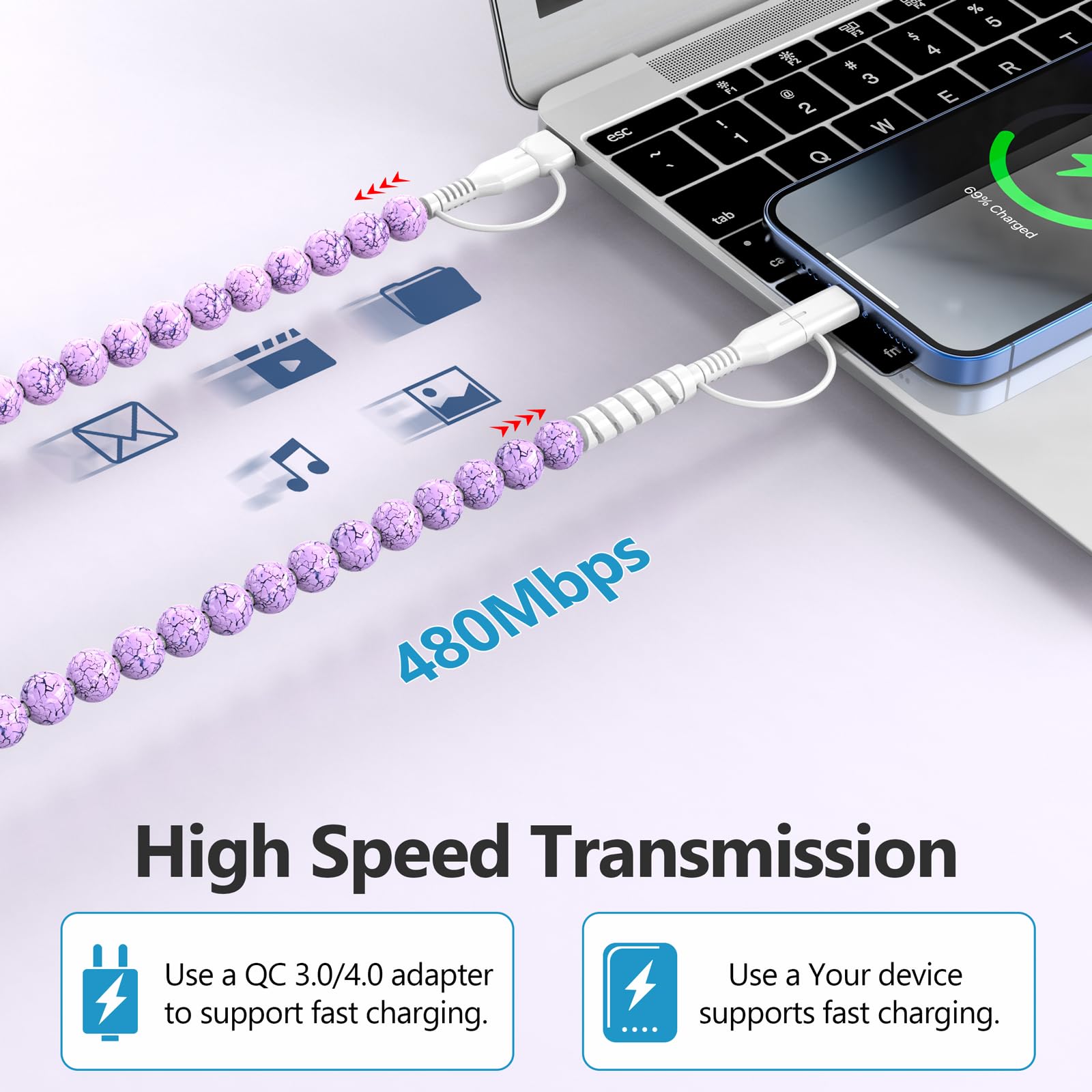 HianDier Cavo USB C [certificato MFI] Multi 4 in 1 per iPhone cavo di ricarica rapida 0,9 m durevole turchese perline USB A tipo C iOS cavo di ricarica per iPhone 16 15 14 13 Pro Max iPad Galaxy S25
