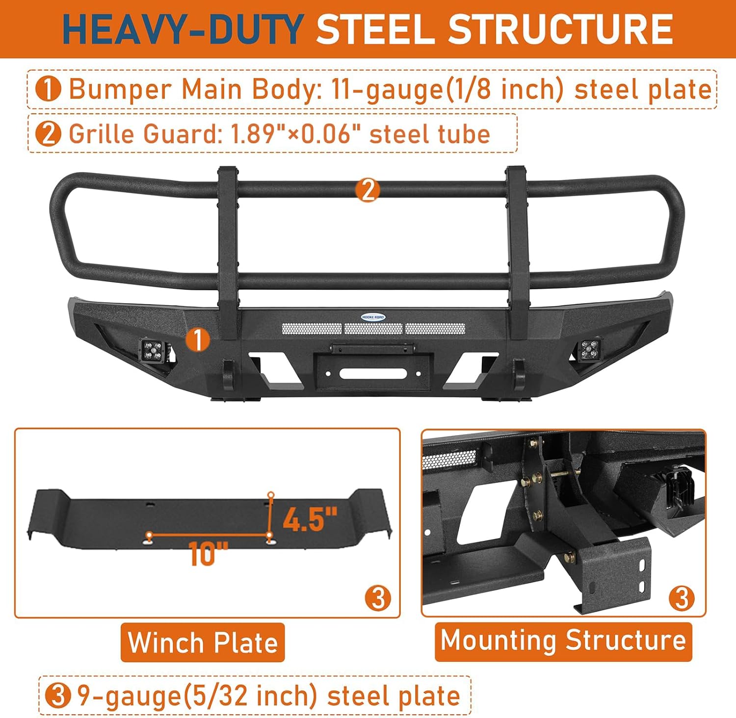 Hooke Road Tacoma Winch Front Bumper Brush Grille Guard for 2016-2023 Toyota Tacoma 3rd Gen Pickup, Solid Steel Rock Crawler Bumper with Push Bull Bar, LED Lights, D-ring Mounts