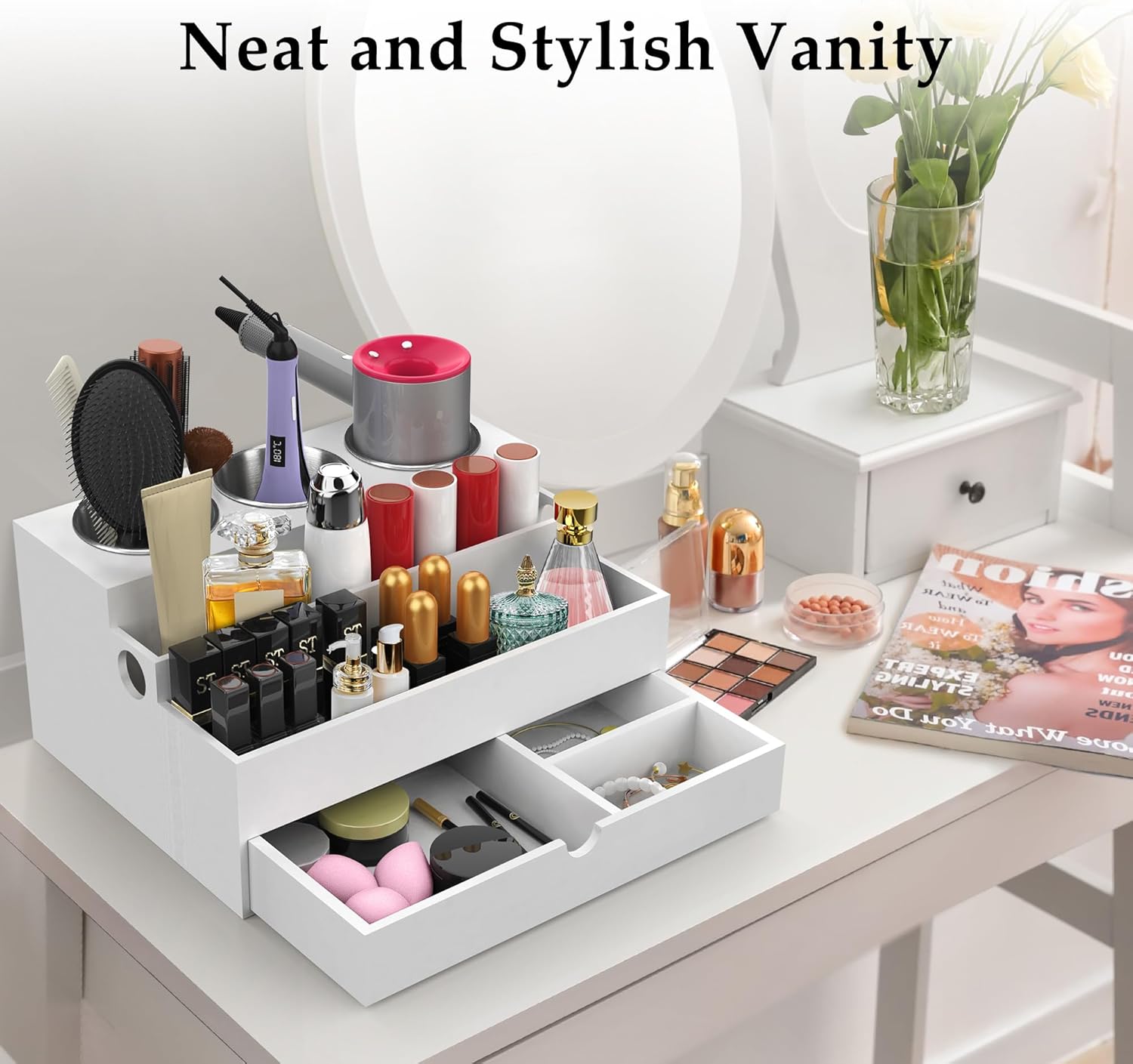 Hair Tool Organizer, Wood Hair Dryer Holder with Drawer & 3 Stainless Steel Cups, Versatile Bathroom Vanity Storage for Hair Styling Tools, Hot Tools, Brushes and Cosmetics - White image 3 of 8 B0CXT6BHJN