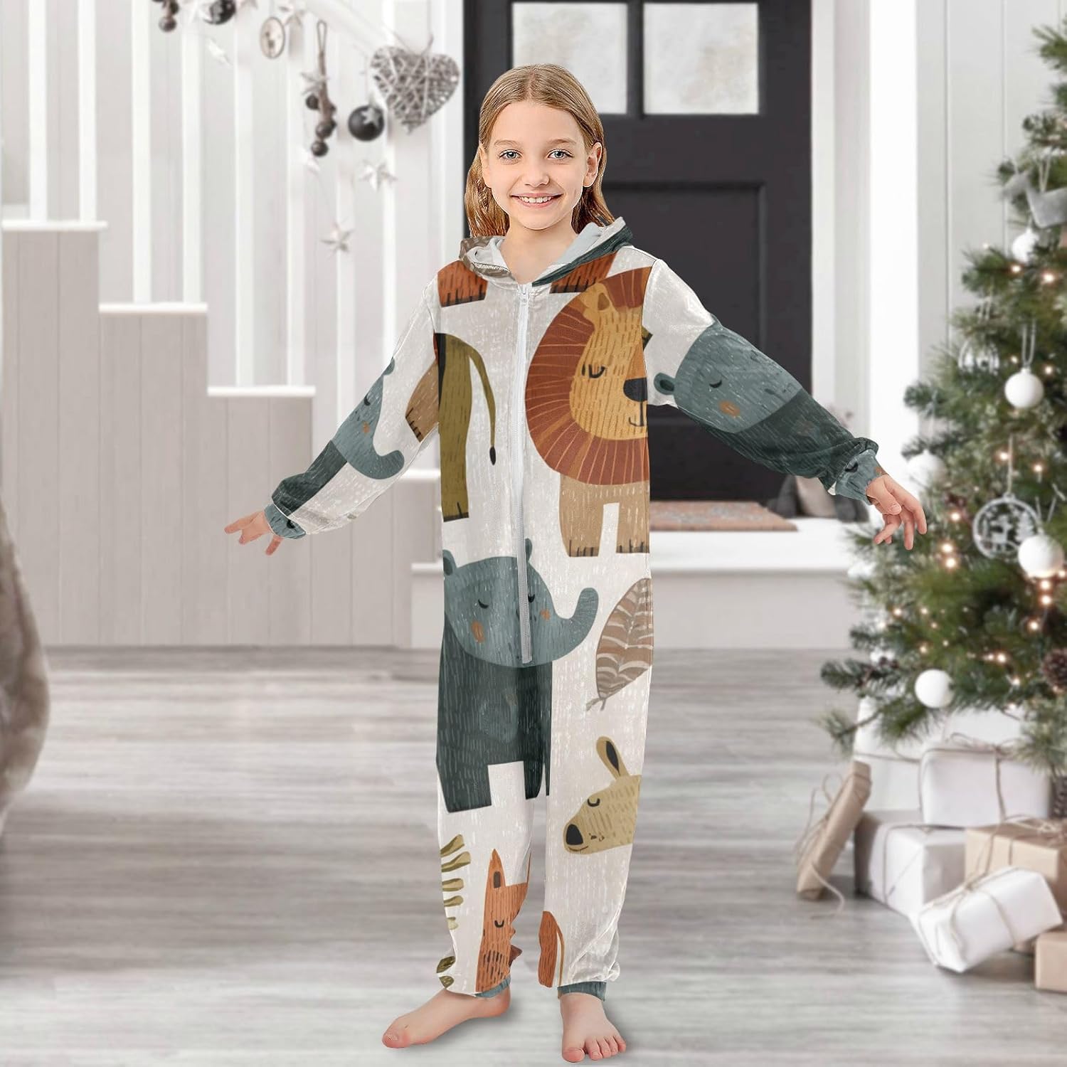 Cartoon Cute Animal BrownUnisex PajamaCute Soft Hooded One-Piecing Pjsfor Parties Sleepovers
