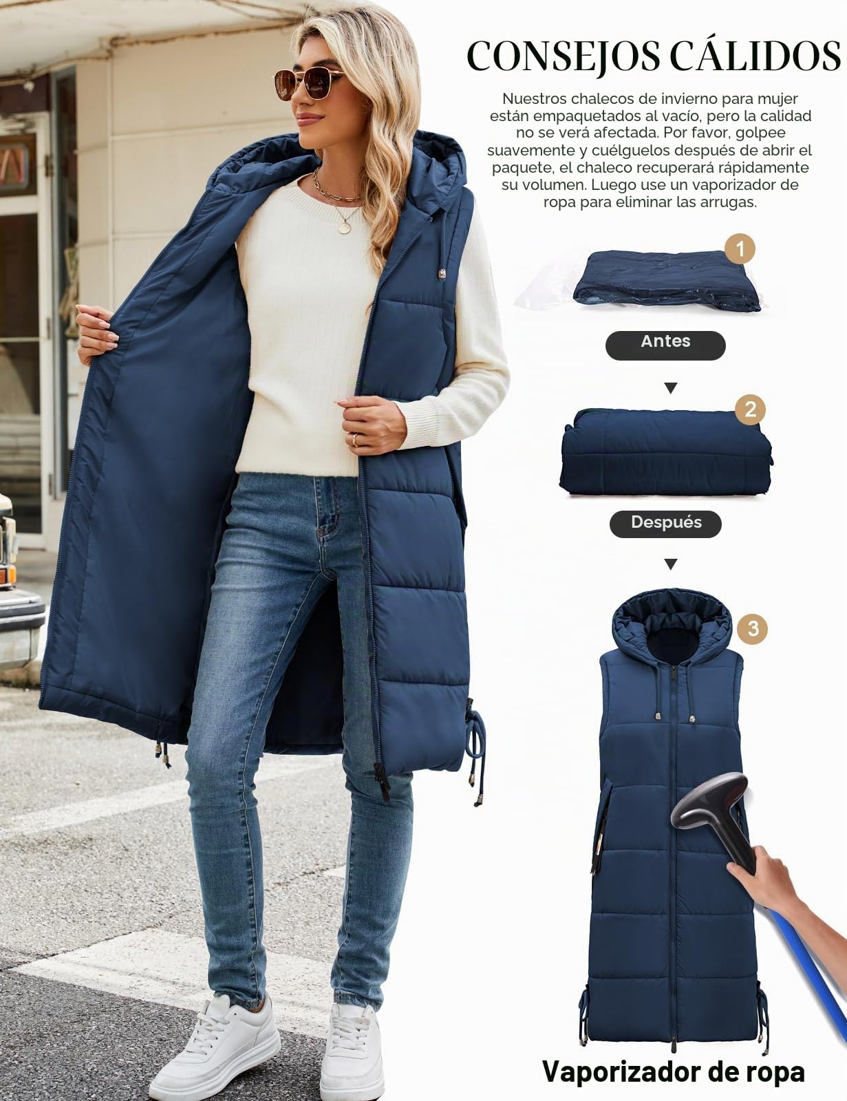 Vancavoo Chaleco Acolchado Mujer Invierno Largo Chaqueta sin Mangas Chaleco de Plumas Chaquetas con Capucha Abrigo de Cálidos on Bolsillos