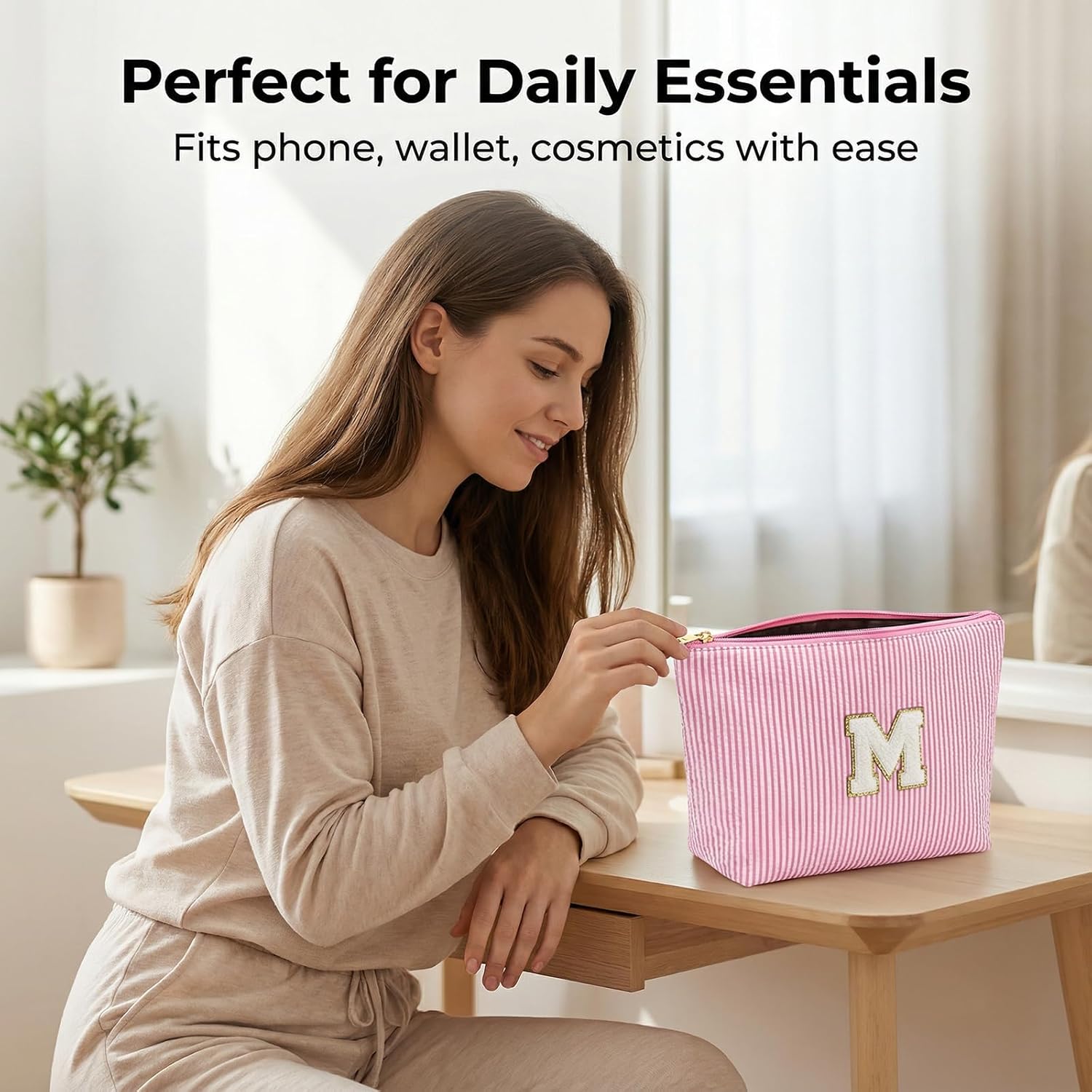 24 PACK Makeup Bags-Bulk Seersucker Bridesmaid Proposal Gifts Large Makeup Pouch for Wedding Party Favors Bachelorette Party Decorations Toiletry Organizer Bag Cosmetic Case Mon Gift(24, Pink)