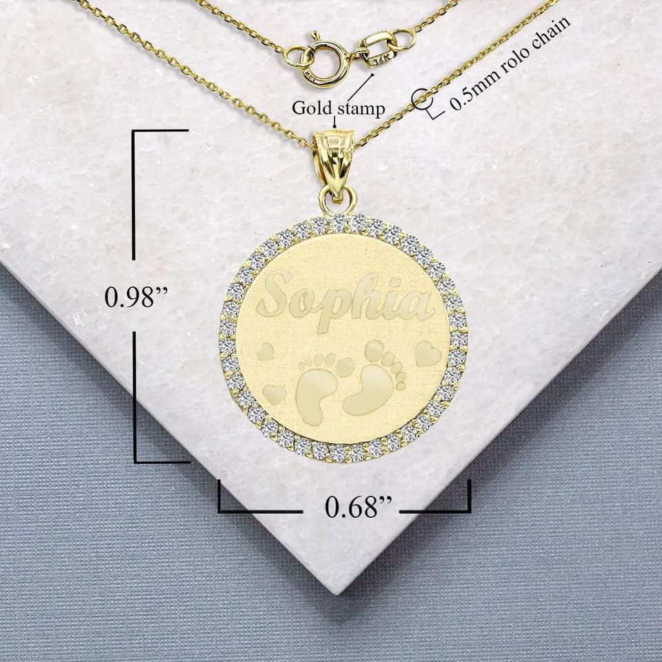 14K Yellow, White, or Rose Gold Diamond Studded Personalized Engravable Name Cute Footprint Baby Feet Necklace with Rolo Chain (G-H Color, SI1-SI2 Clarity) - Choice of Necklace Length