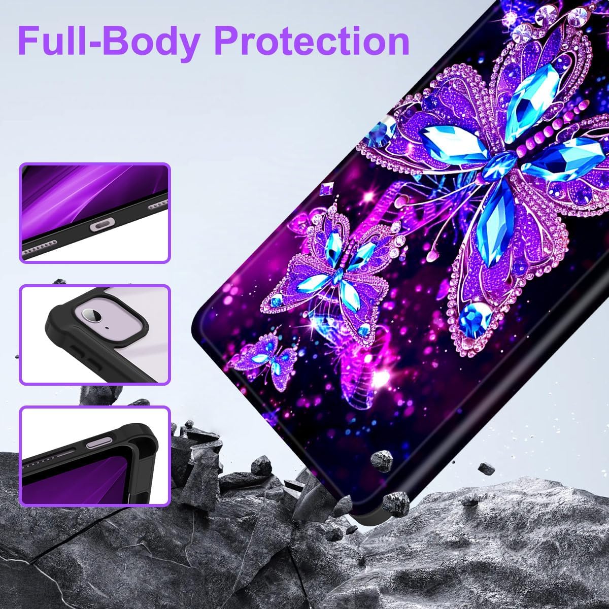 Casetego for iPad Air 11 Inch M2(2024),iPad Air 5th Gen(2022)/iPad Air 4th Gen(2020) 10.9 Inch Case with Pencil Holder,360°Rotating Adjustable Stand Protective Case,All Butterfly