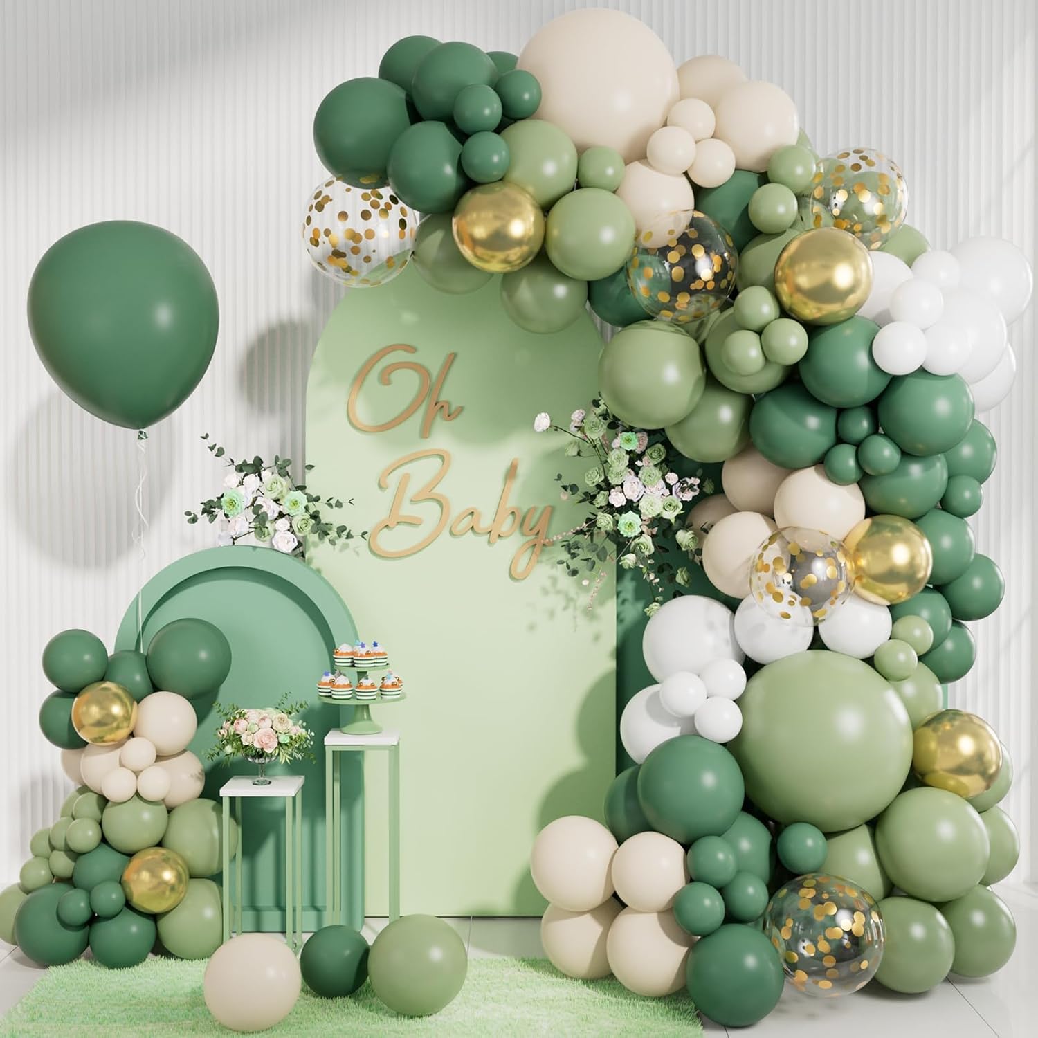 CboDeco Sage Green Balloon Garland Arch Kit, Sage Green Olive White Gold Balloons in 18 12 10 5 inch, Metallic Confetti Balloons for First Communion