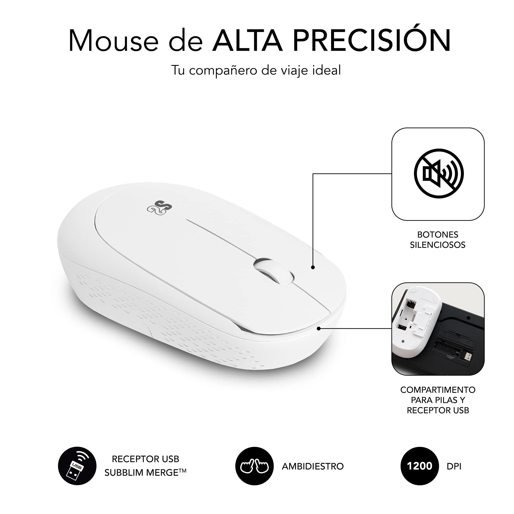 SUBBLIM Combo Teclado y Ratón Business Slim Silencioso Inalámbrico 2.4G Blanco Teclas Planas Resistente A Salpicaduras Merge Technology Diseño Delgado Y Completo Ratón Inalámbrico Ergonómico