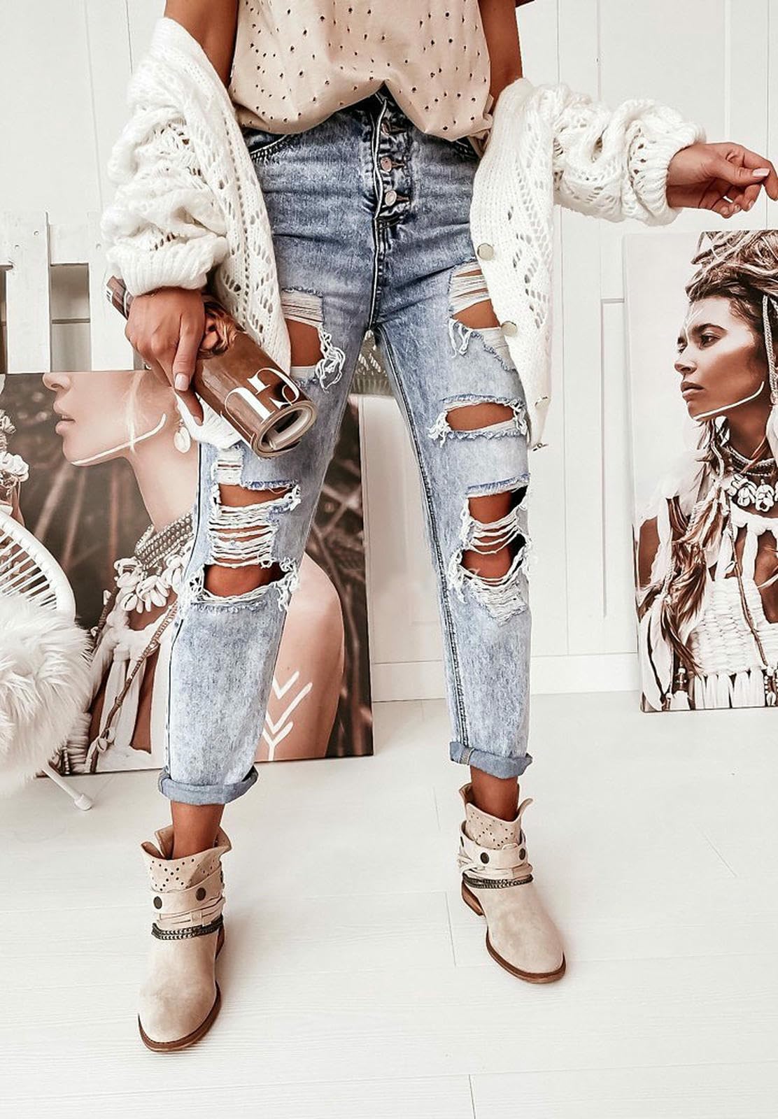 Jeans da Donna Casual A Vita Media, Strappati, Lavati, Gamba Dritta-Blu Denim-XXL