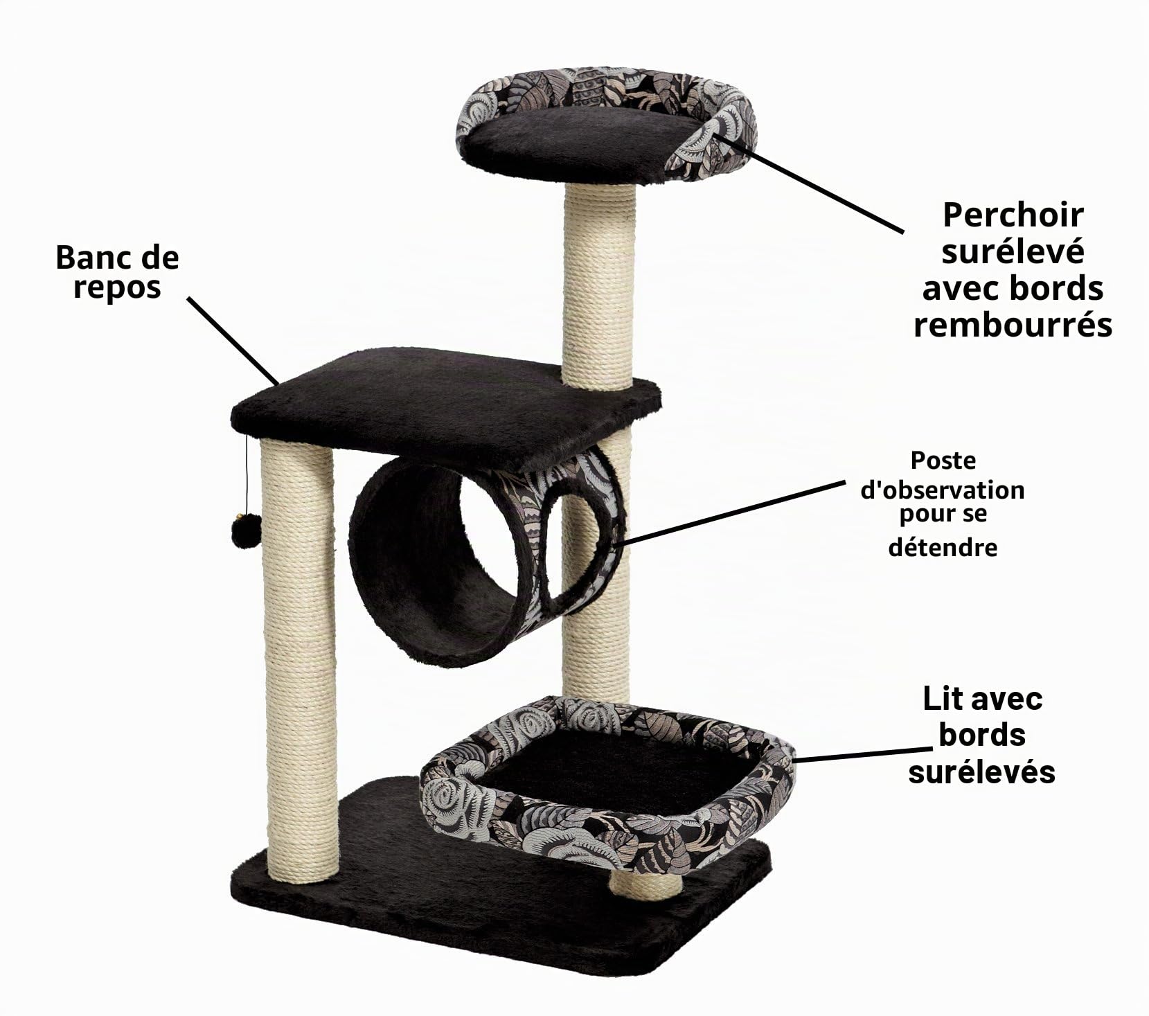 MidWest Homes for Pets Escapade Arbre à chat à 4 étages avec support enveloppé de sisal et griffoir pour chat - Motif noir/blanc