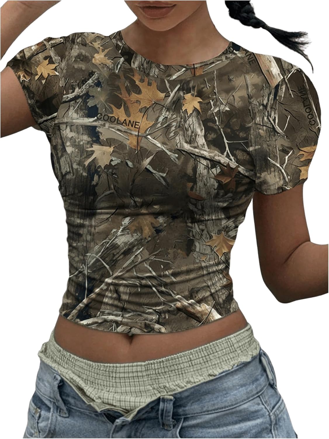 Women's Y2k Camo Print Crop Tee Top Crew Neck Short Sleeve Slim Fit T Shirts 90s Streetwear